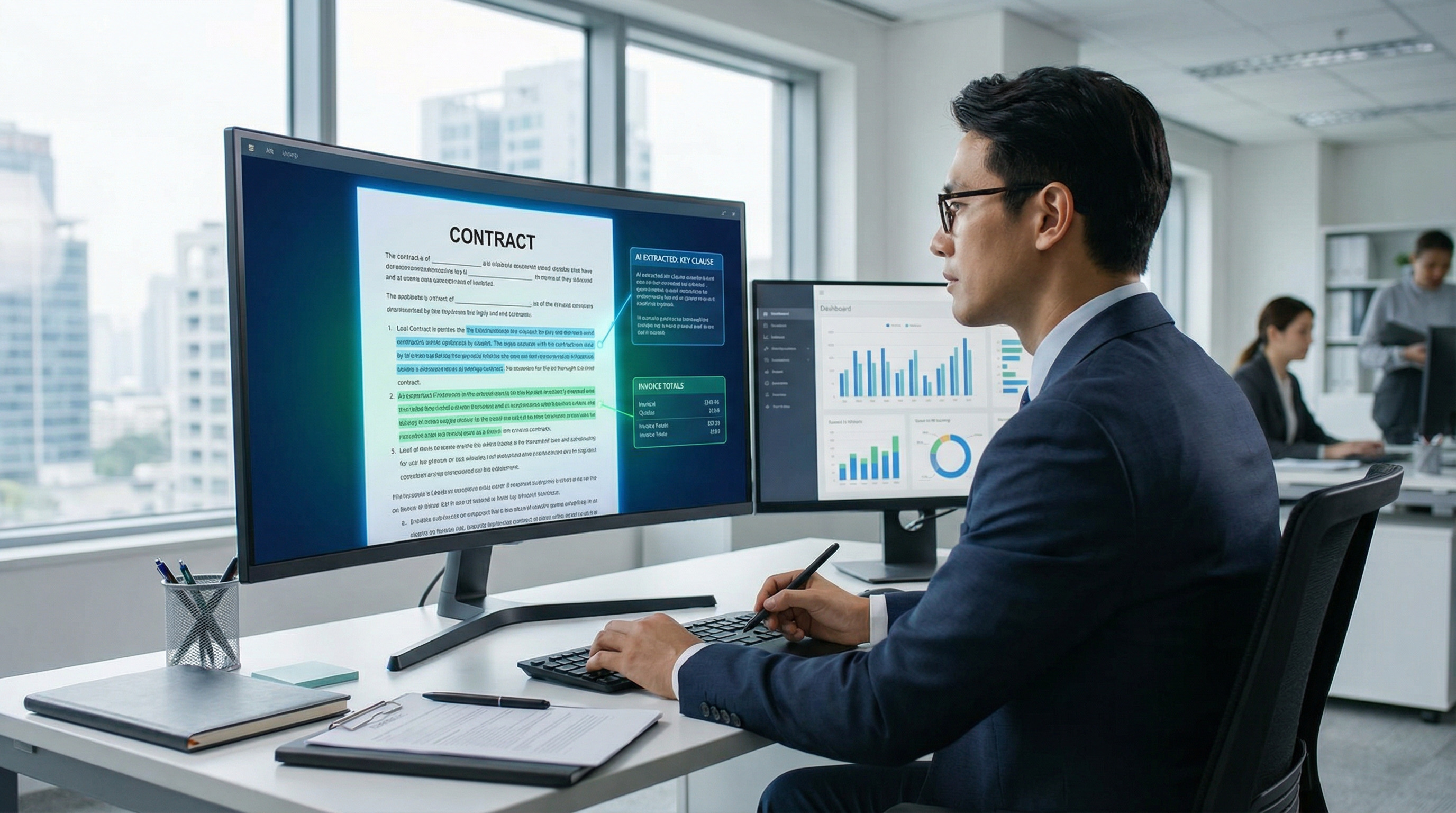 A business professional analyzing a contract on a large monitor, with AI highlighting key clauses and extracting data. A business professional analyzing a contract on a large monitor, with AI highlighting key clauses and extracting data.