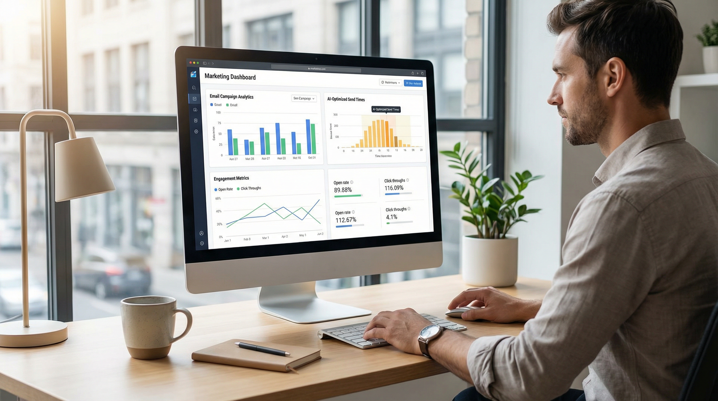 A marketing dashboard on a computer screen showing AI-optimized email send times and campaign analytics. A marketing dashboard on a computer screen showing AI-optimized email send times and campaign analytics.