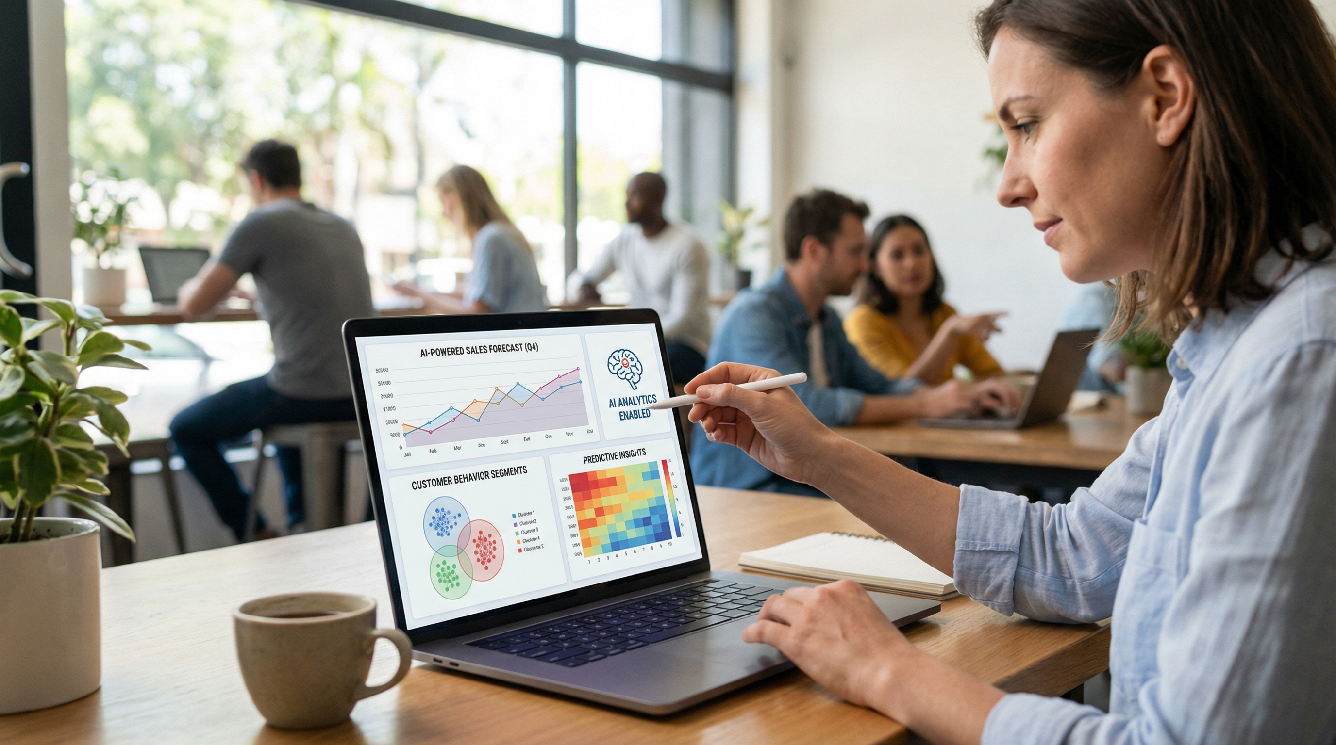 A business owner analyzing an AI-powered sales forecast and customer behavior dashboard on a laptop. A business owner analyzing an AI-powered sales forecast and customer behavior dashboard on a laptop.