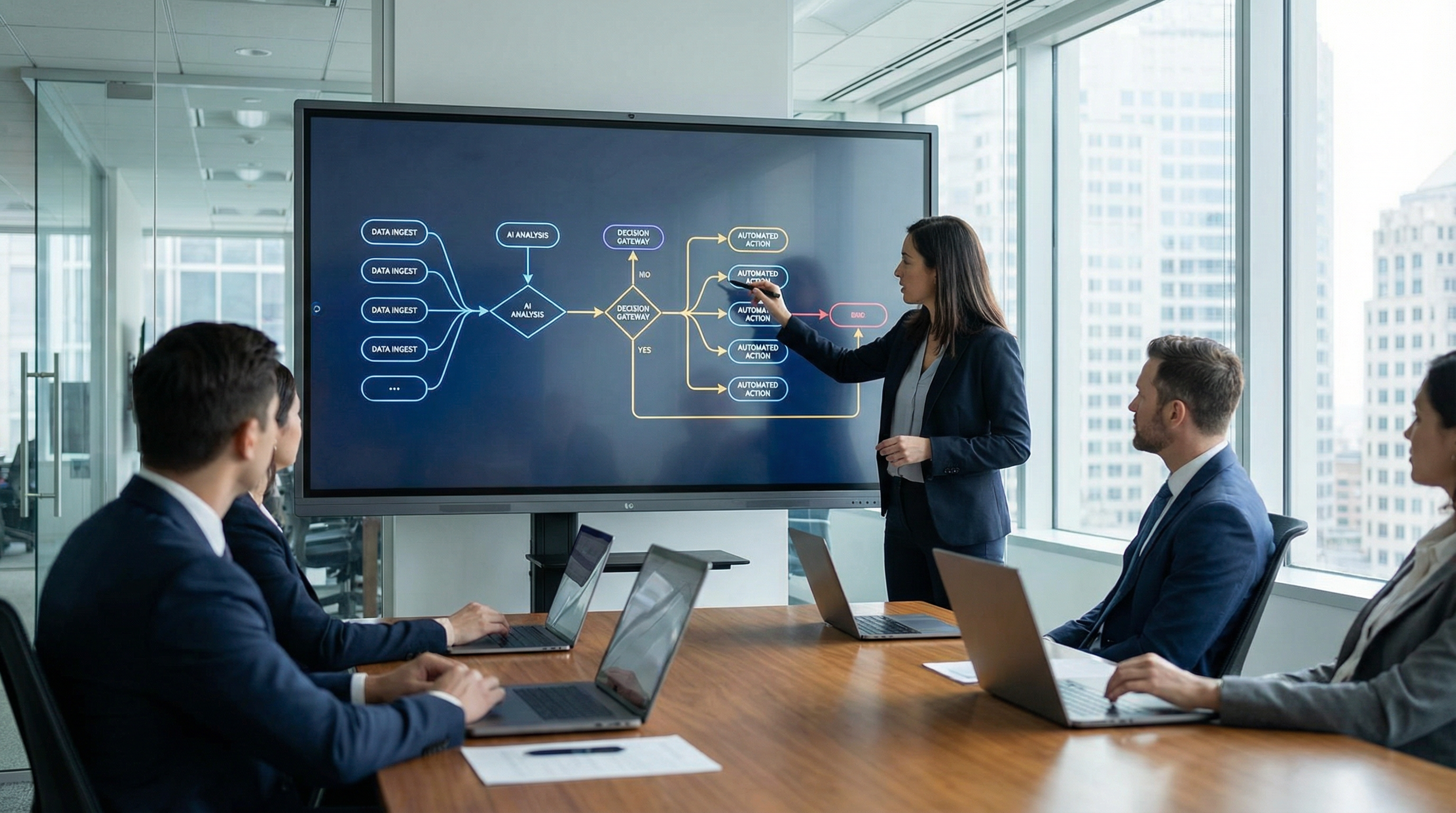 A business professional interacting with a visual workflow diagram on a large touchscreen, showing an automated business process. A business professional interacting with a visual workflow diagram on a large touchscreen, showing an automated business process.