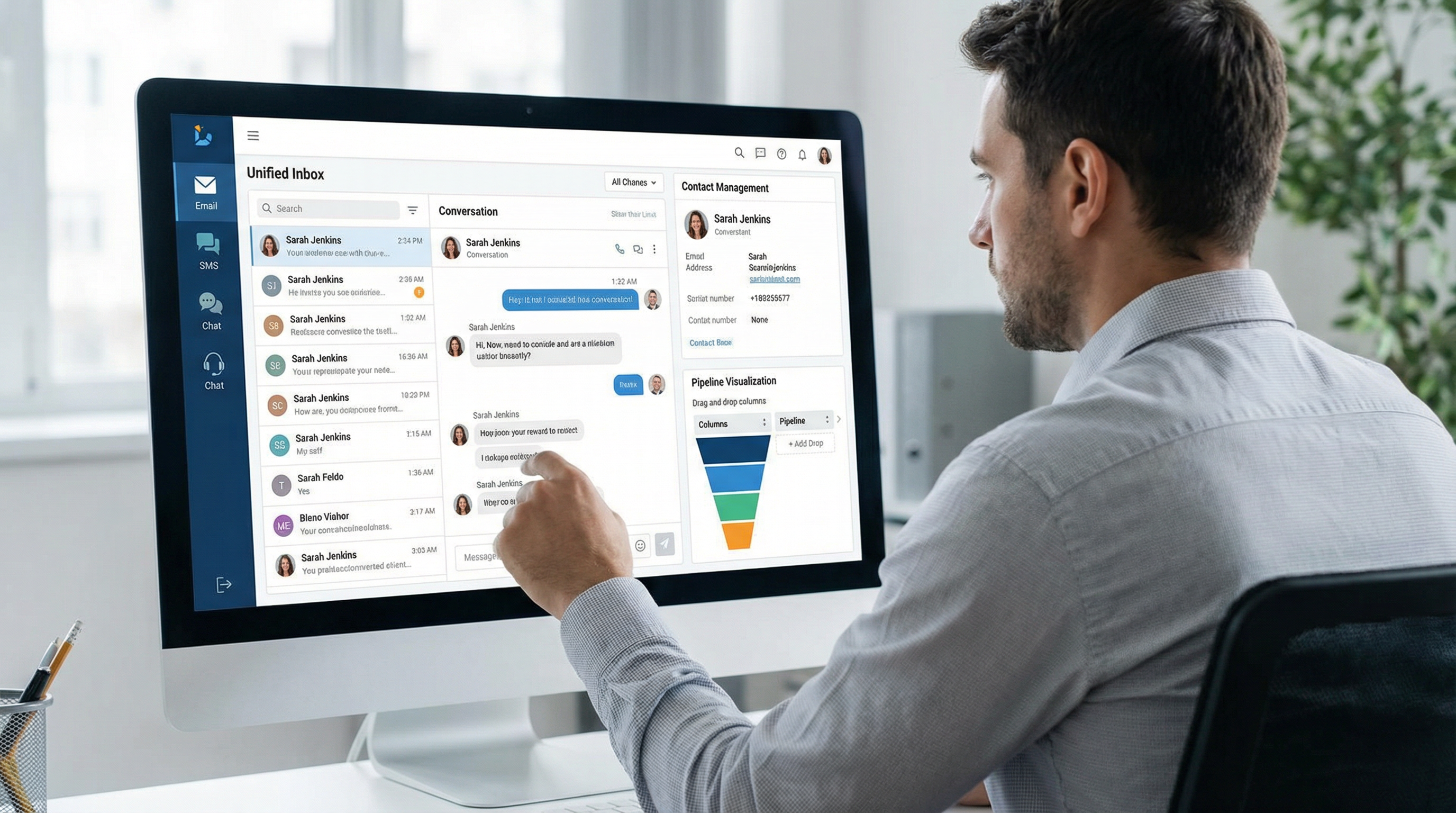 A modern CRM interface on a desktop computer showing a unified inbox and visual sales pipeline. A modern CRM interface on a desktop computer showing a unified inbox and visual sales pipeline.