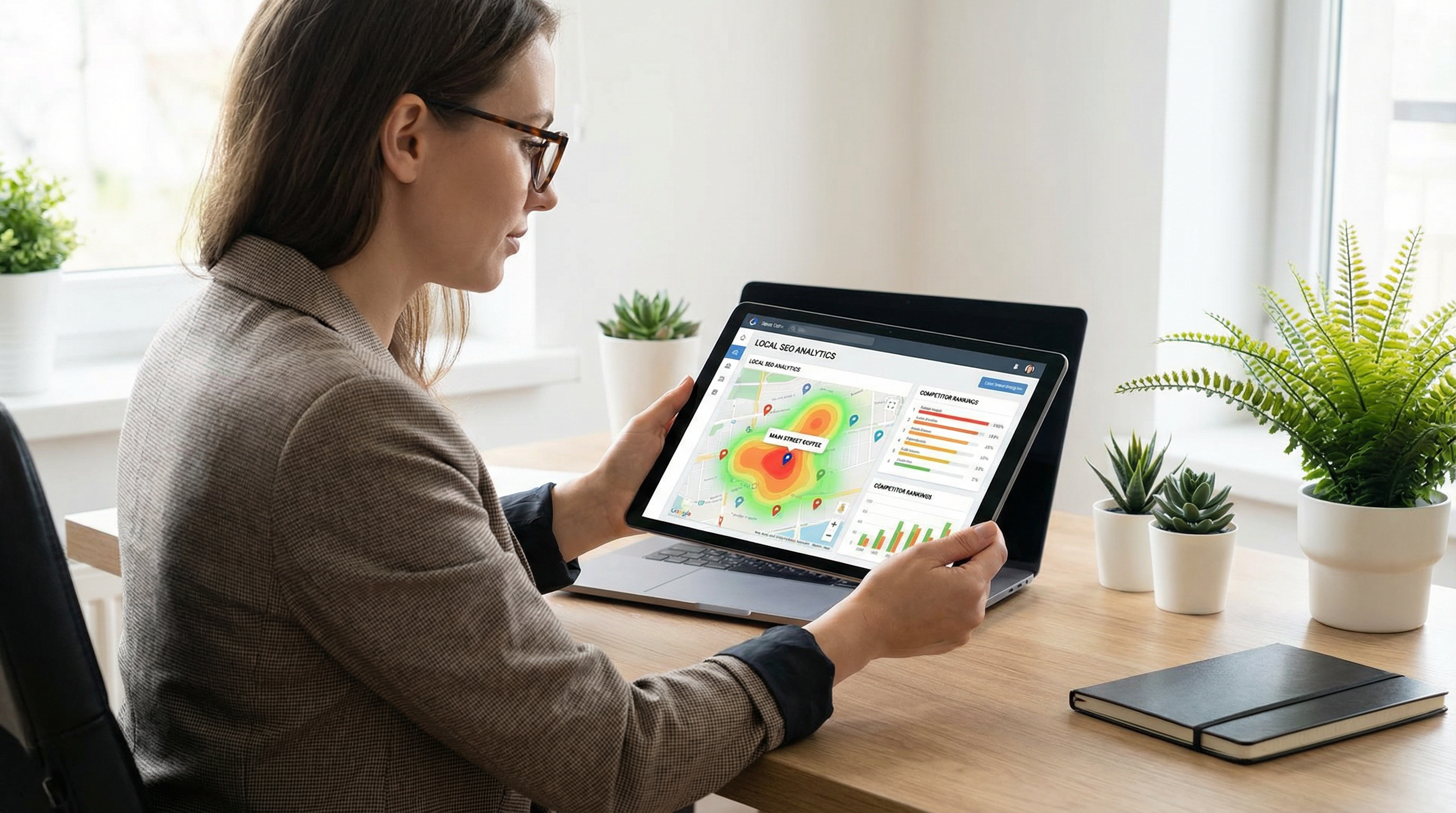 A marketing professional reviewing local SEO analytics on a tablet, including a heatmap of local search rankings. A marketing professional reviewing local SEO analytics on a tablet, including a heatmap of local search rankings.