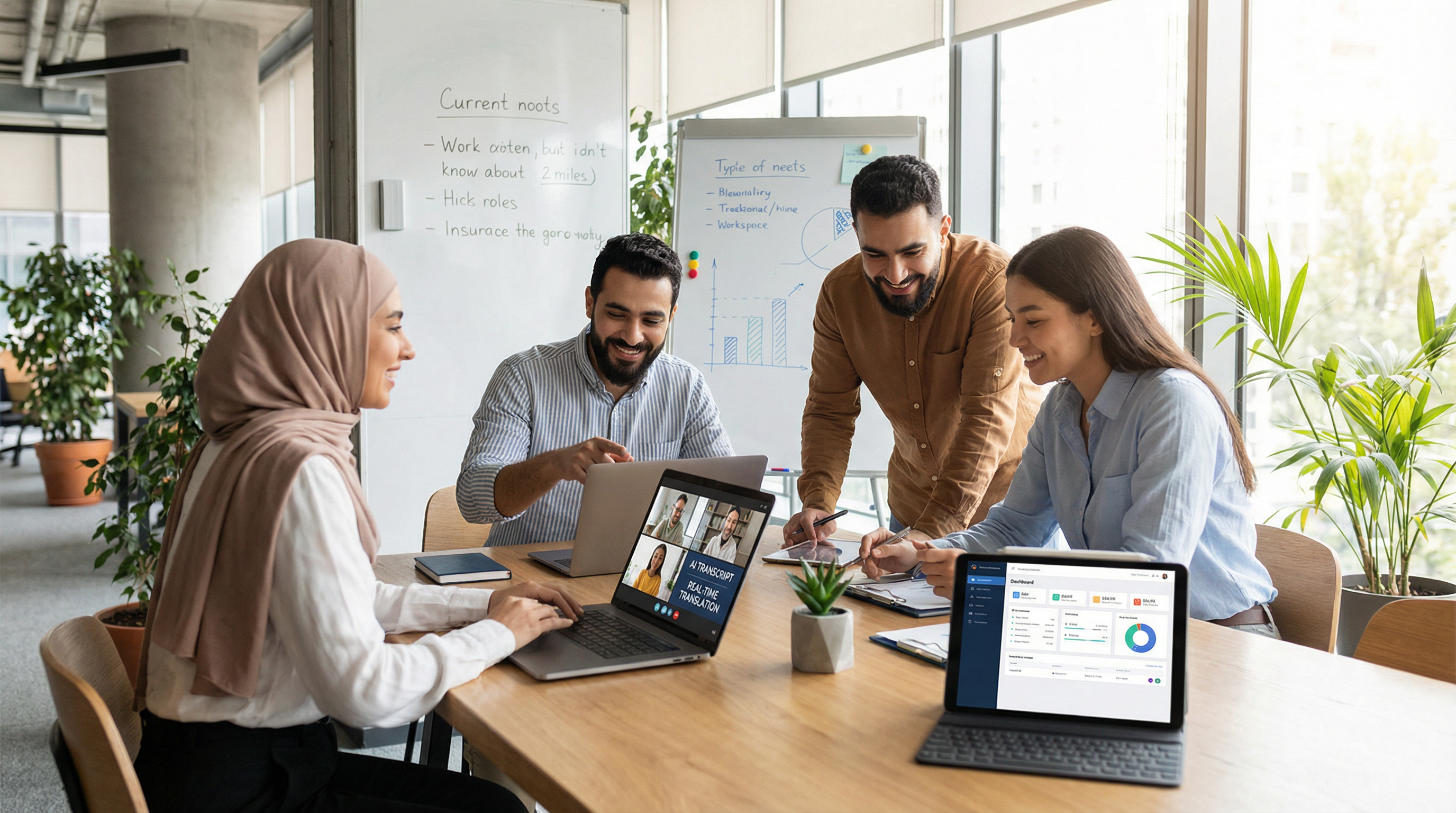 A diverse small business team collaborating around a table, using AI-powered tools on their laptops and tablets. A diverse small business team collaborating around a table, using AI-powered tools on their laptops and tablets.