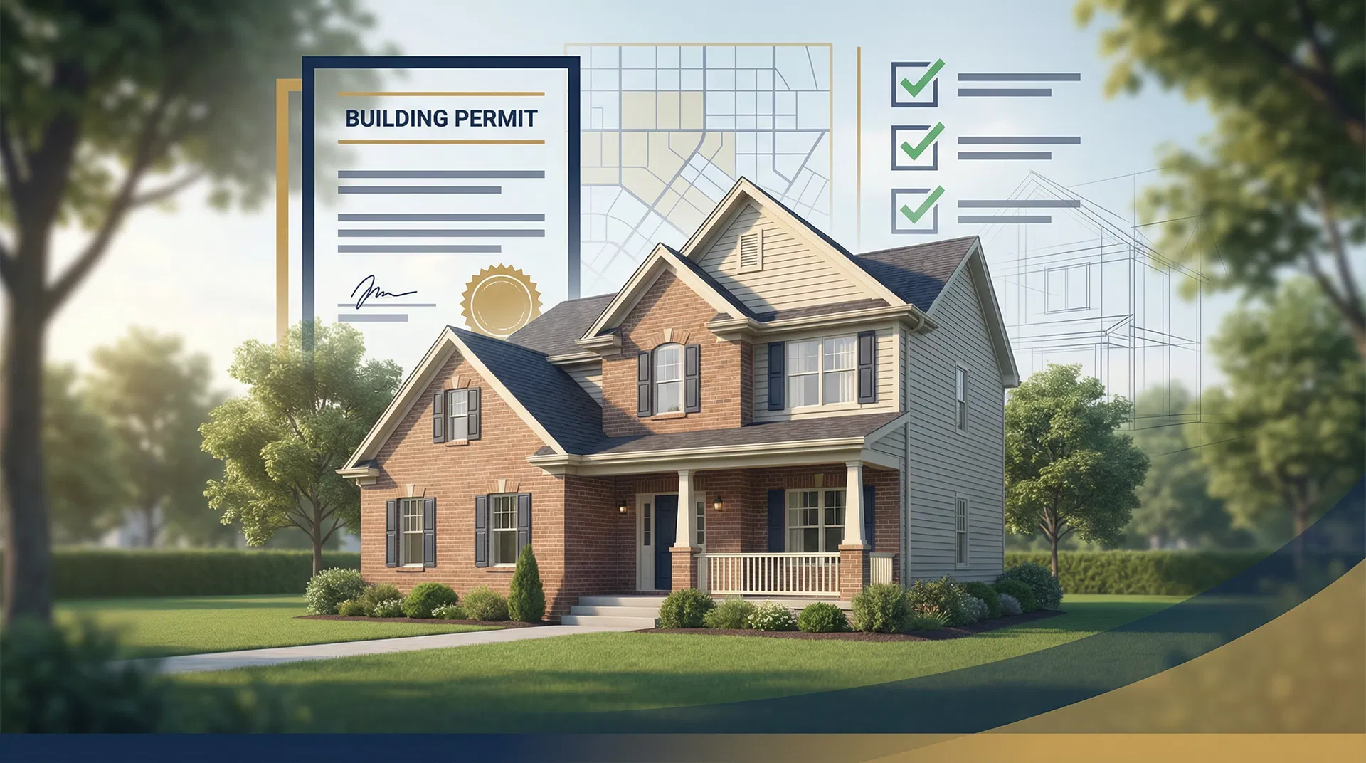Ontario residential property with building permit, zoning map, and compliance checklist overlay