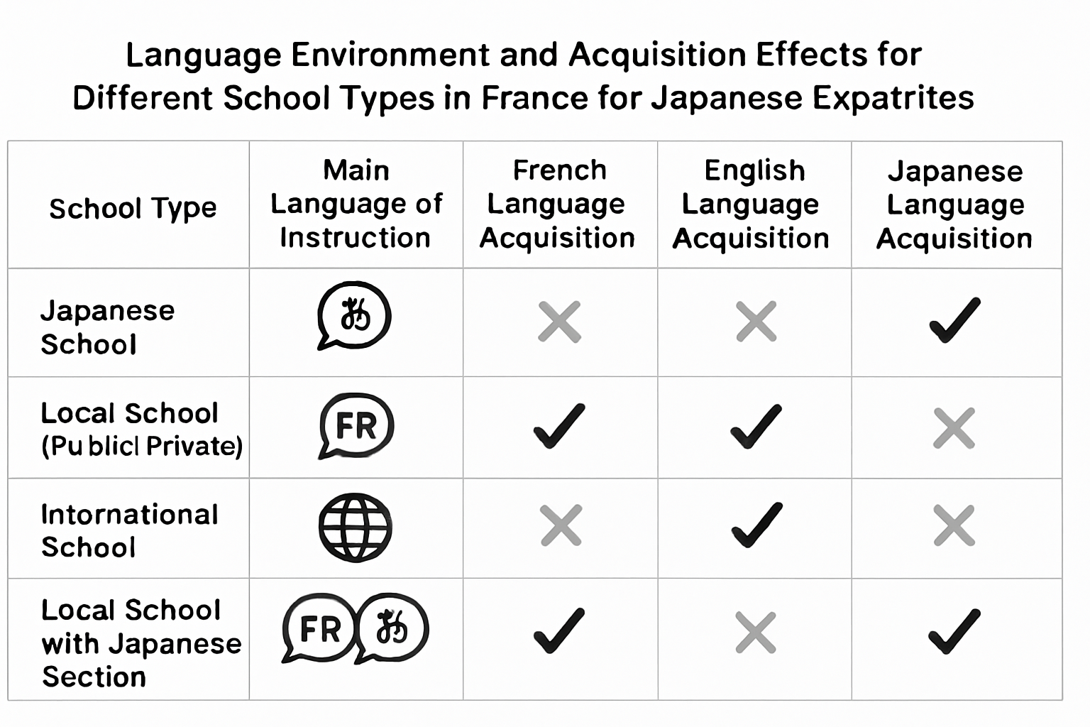 言語環境と習得効果の比較表
