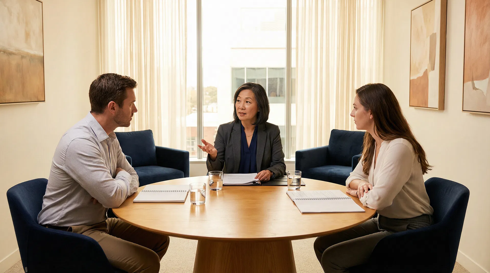 Professional mediation session — mediator facilitating a constructive conversation between two parties at a round table