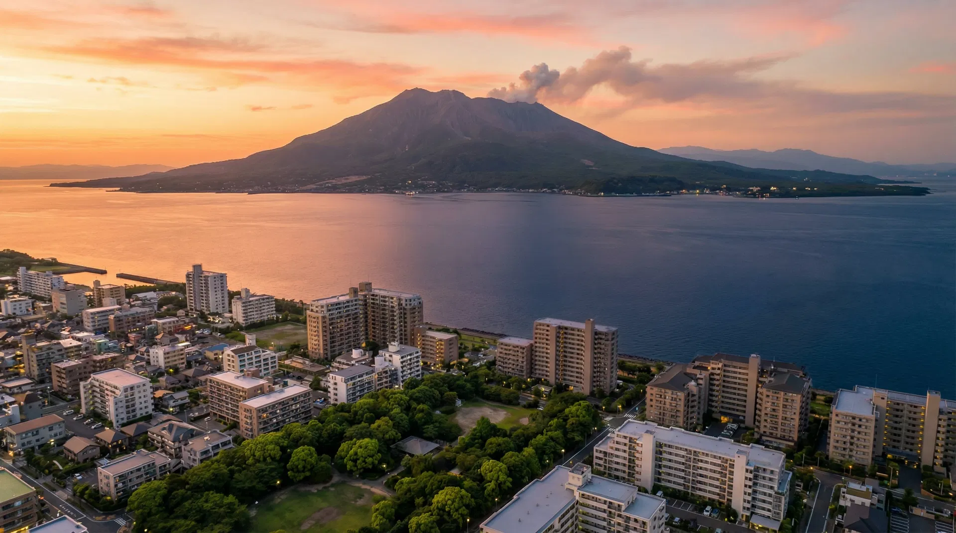鹿児島市街と桜島の風景