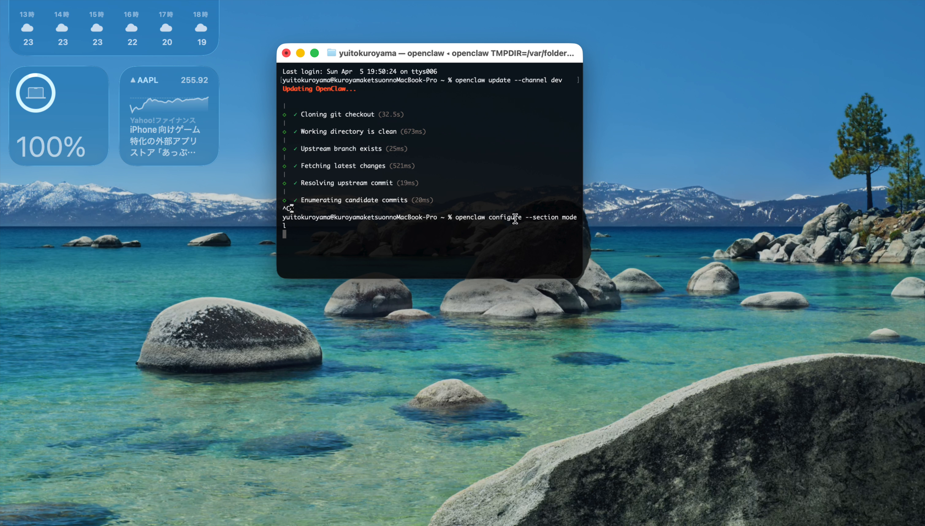 openclaw configure --section model を入力した画面