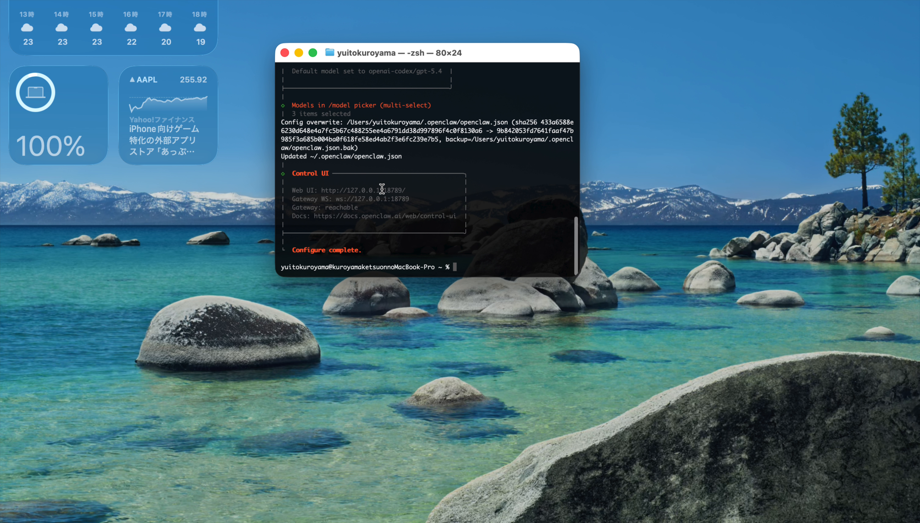 Configure complete. と表示された設定完了画面。Web UIやGateway WSのアドレスも表示されている