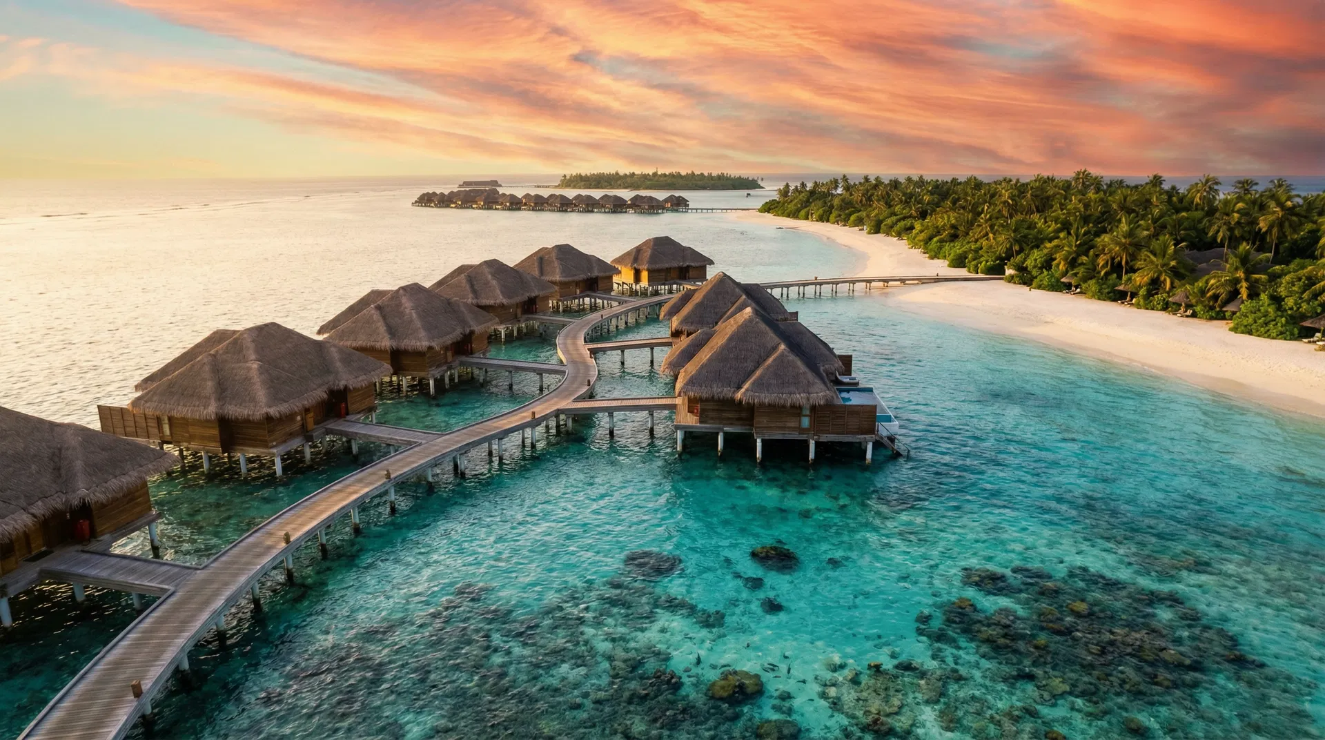 Luxury overwater bungalows at sunset