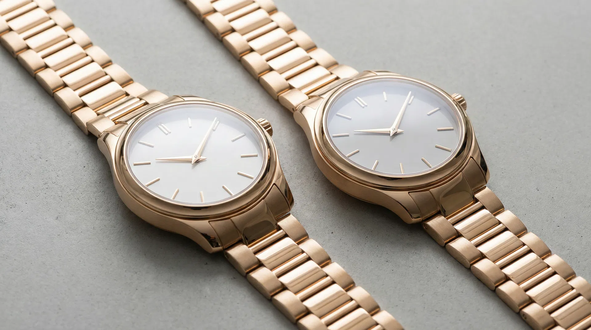 Two gold-plated luxury watches on grey concrete — watch gold plating service Sydney