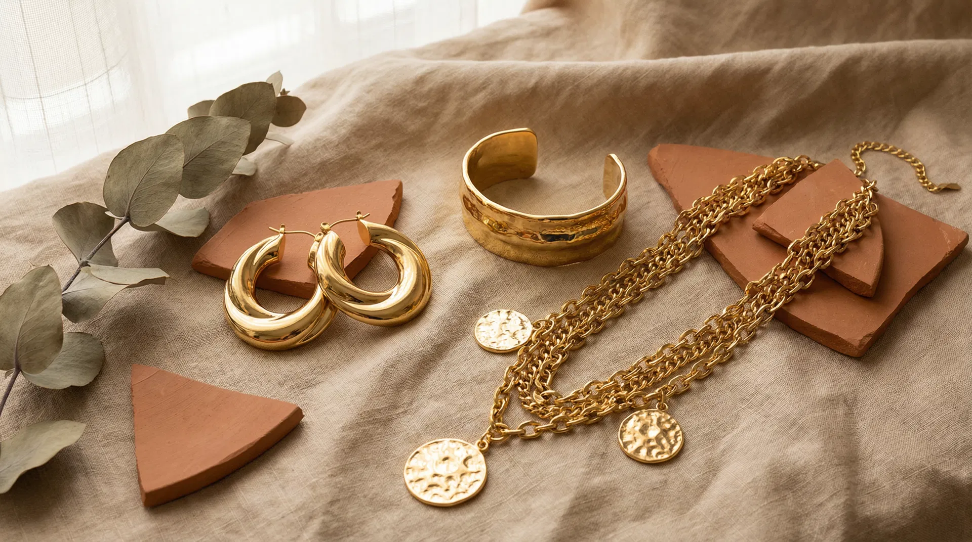 Bold gold-plated fashion jewellery — statement earrings, cuff bracelet, and layered necklace