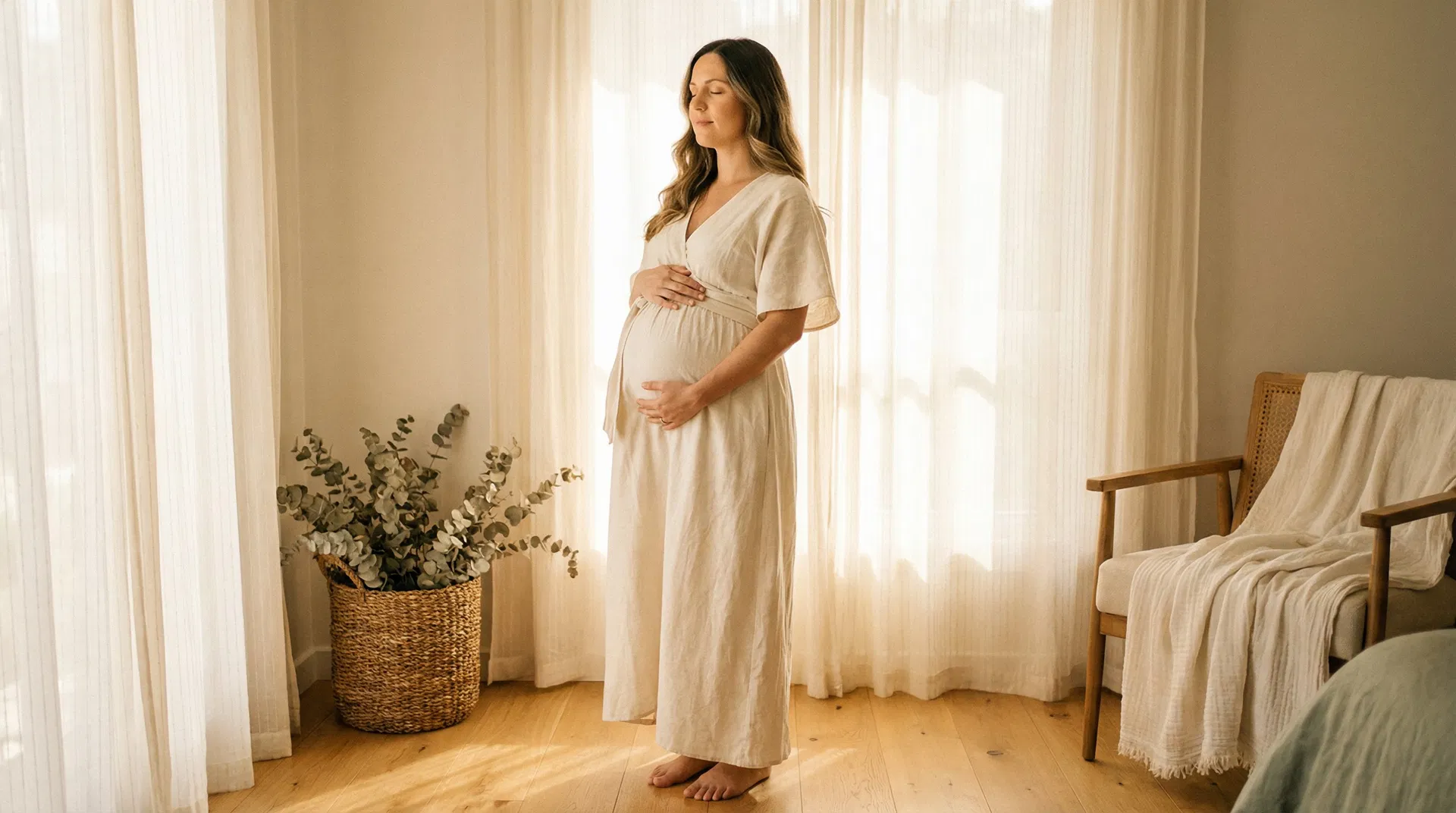 Serene pregnant mother in flowing white dress cradling her belly by a sunlit nursery window