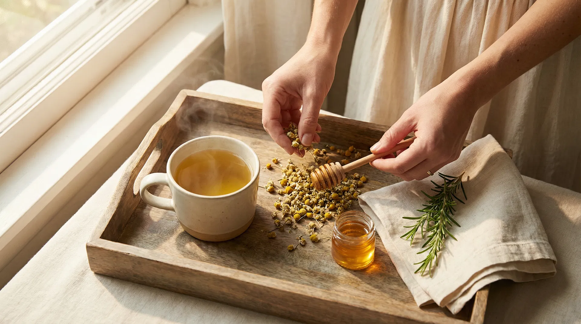 Calming holistic wellness ritual with herbal tea, dried botanicals, and natural self-care essentials