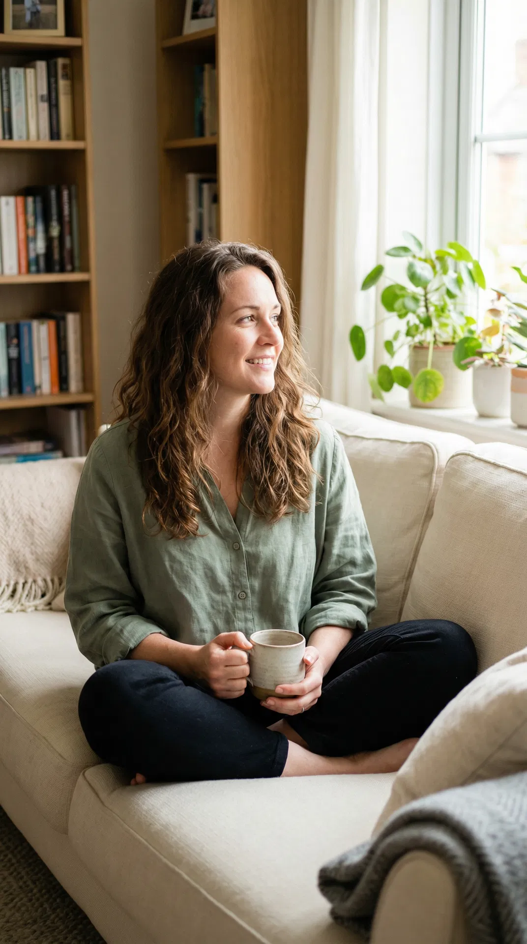 Lauren, holistic motherhood writer and wellness advocate, in a warm natural-light portrait