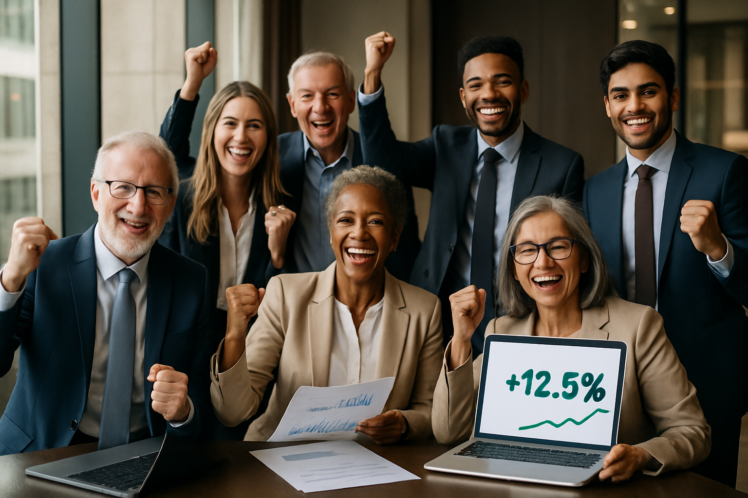 Diverse group of successful investors celebrating financial milestones