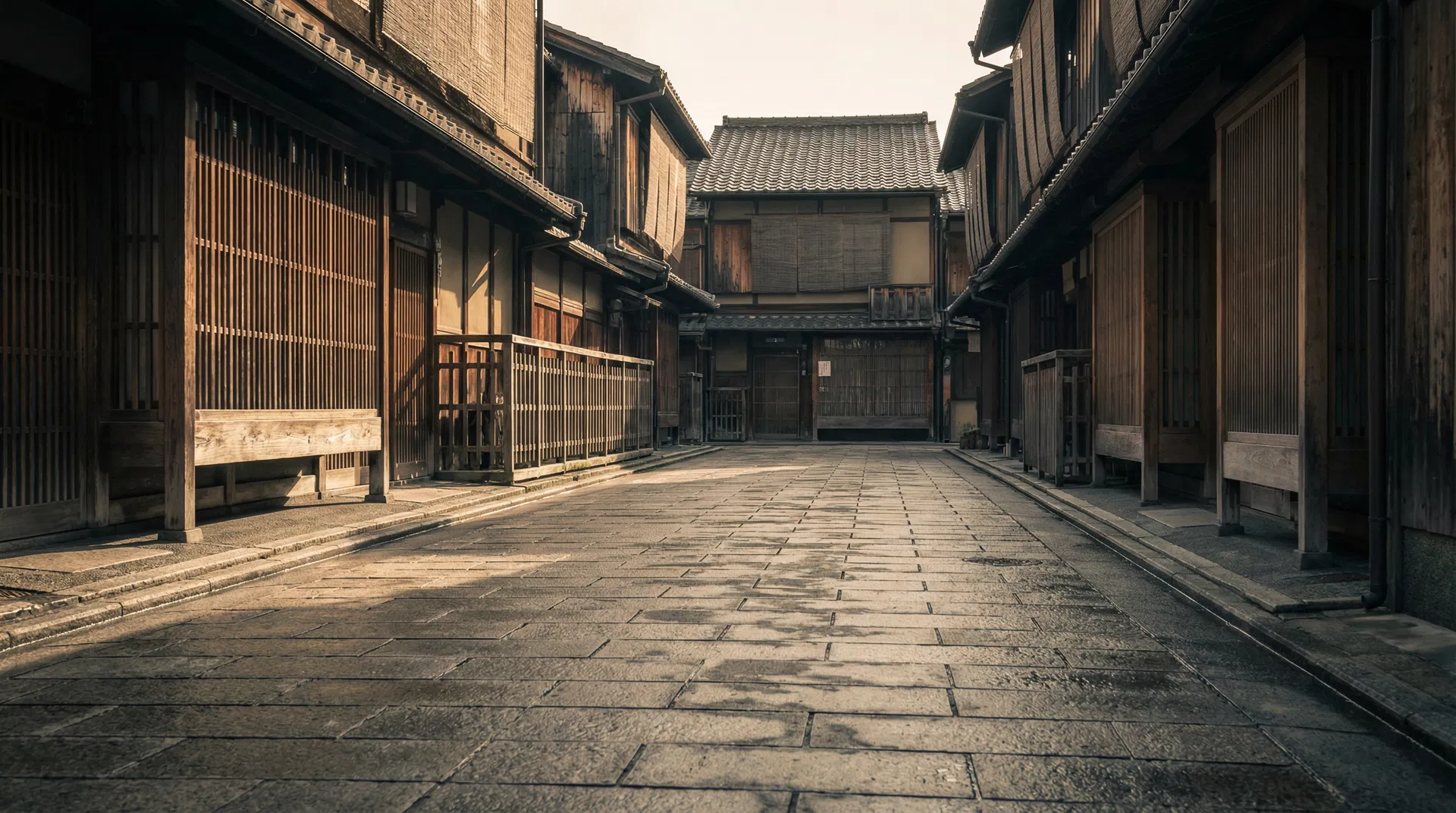 Quiet morning street in a traditional Japanese neighborhood, soft light on stone pavement