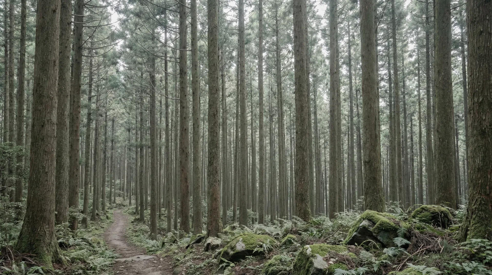 Misty Japanese cedar forest with a narrow path disappearing into fog, a tiny silhouette in the distance