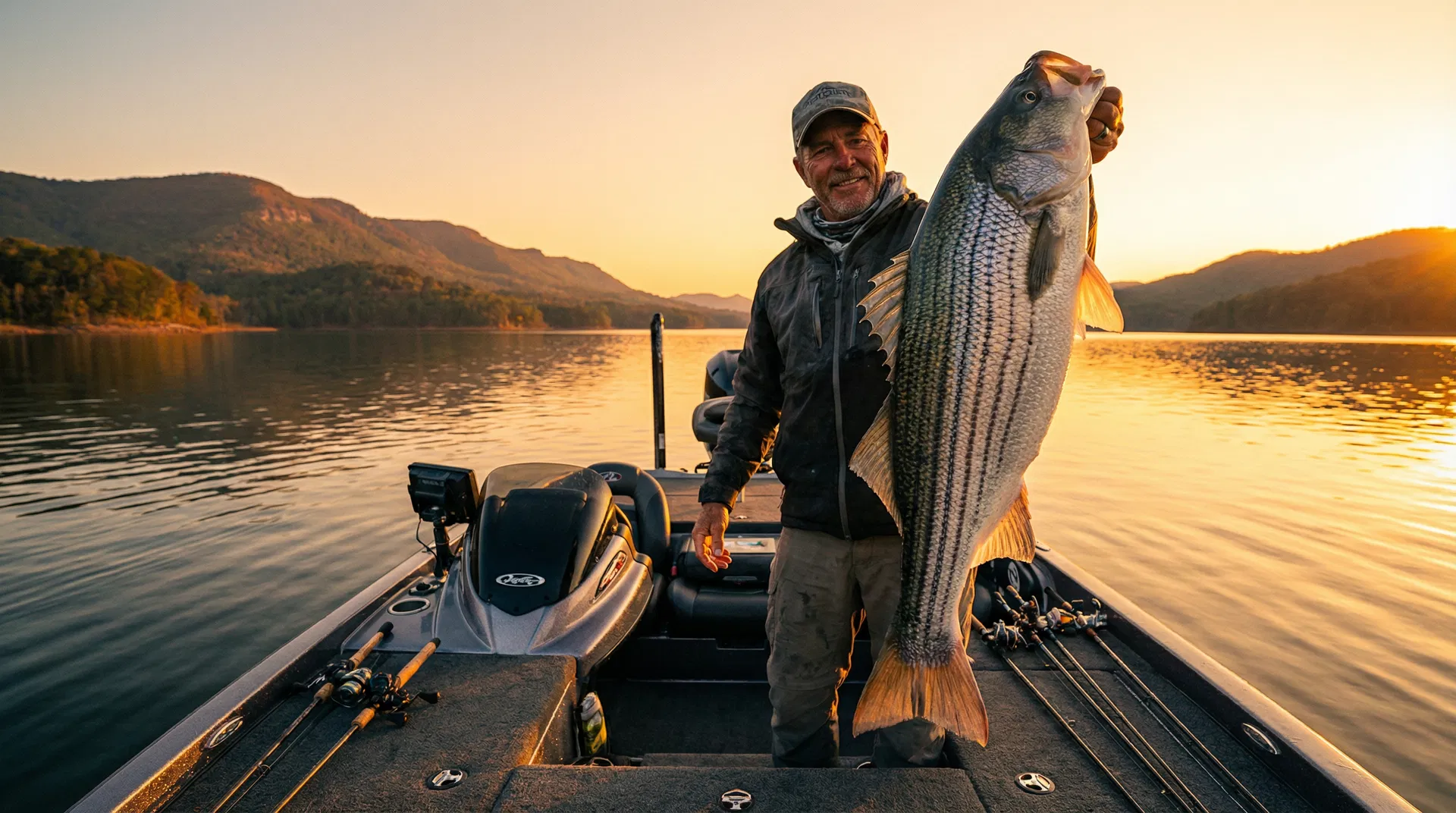 Professional fishing guide holding a trophy striped bass on Lake Ouachita at sunset