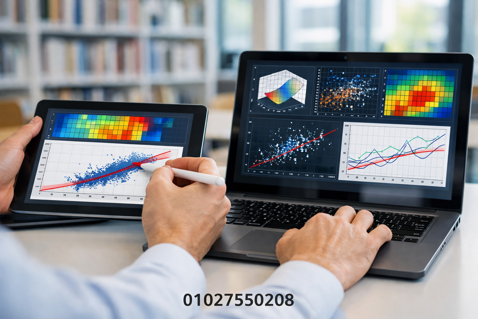 صورة مقربة ليد باحث يعمل على حاسوب محمول وجهاز لوحي يعرضان رسومًا بيانية متقدمة، مع رقم التواصل 01027550208