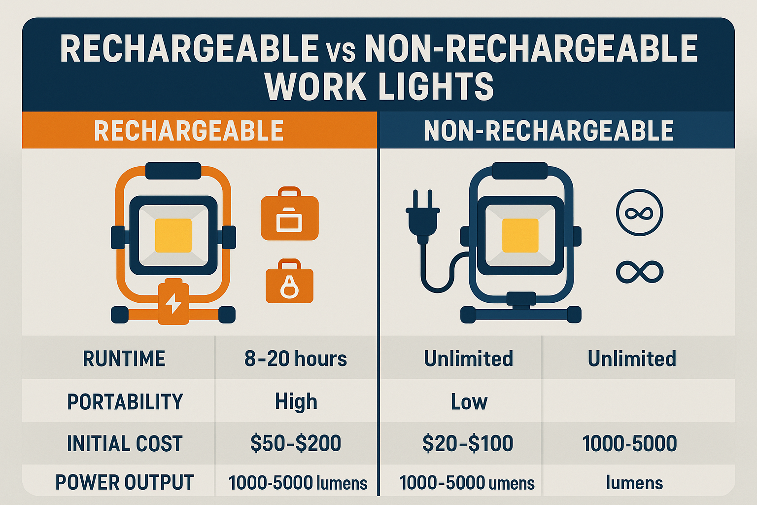 Rechargeable vs Non-Rechargeable Work Lights Comparison