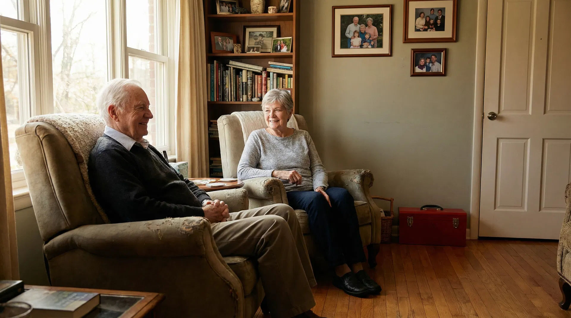 Ouder echtpaar zit tevreden in hun goed onderhouden woonkamer
