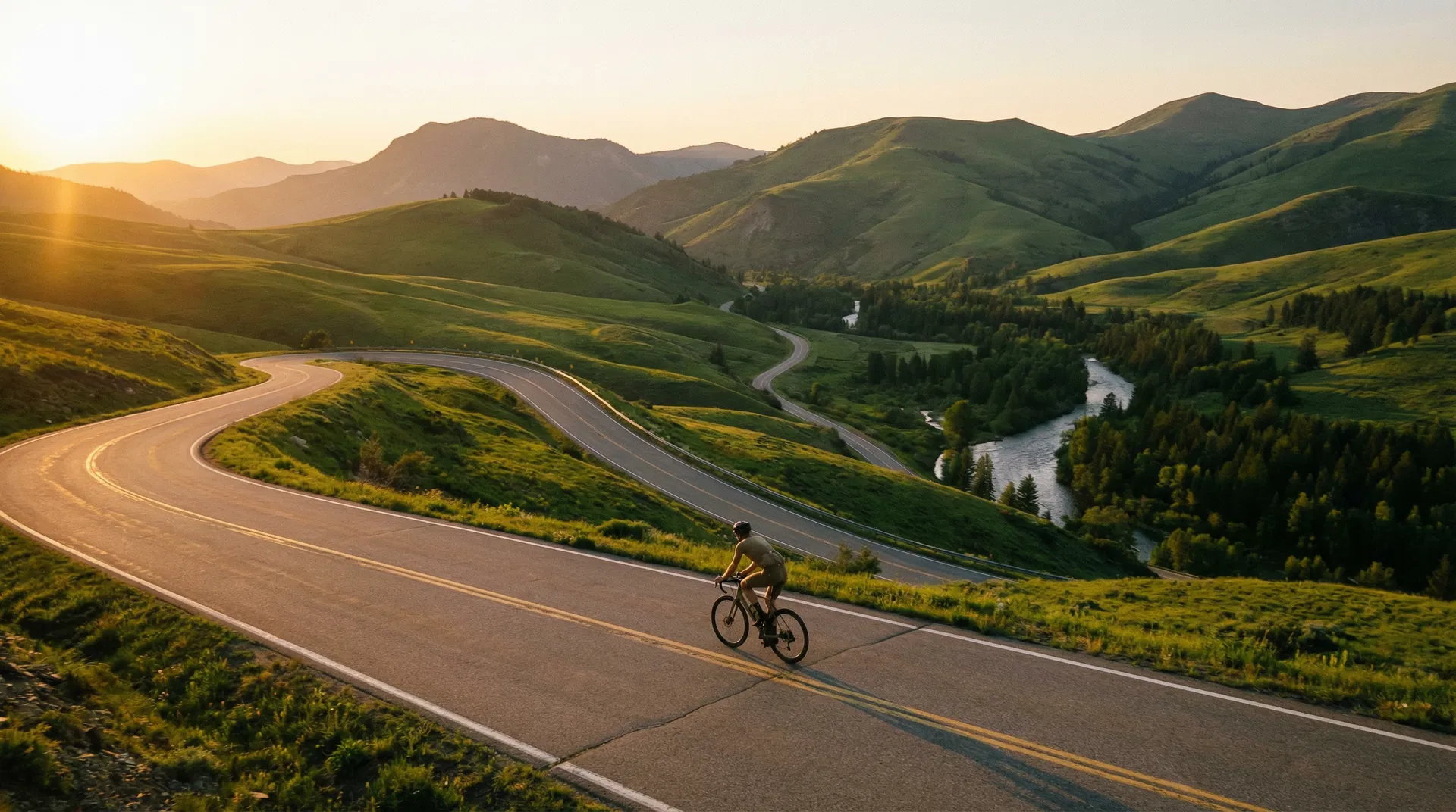 Cyclist on a scenic mountain road at golden hour
