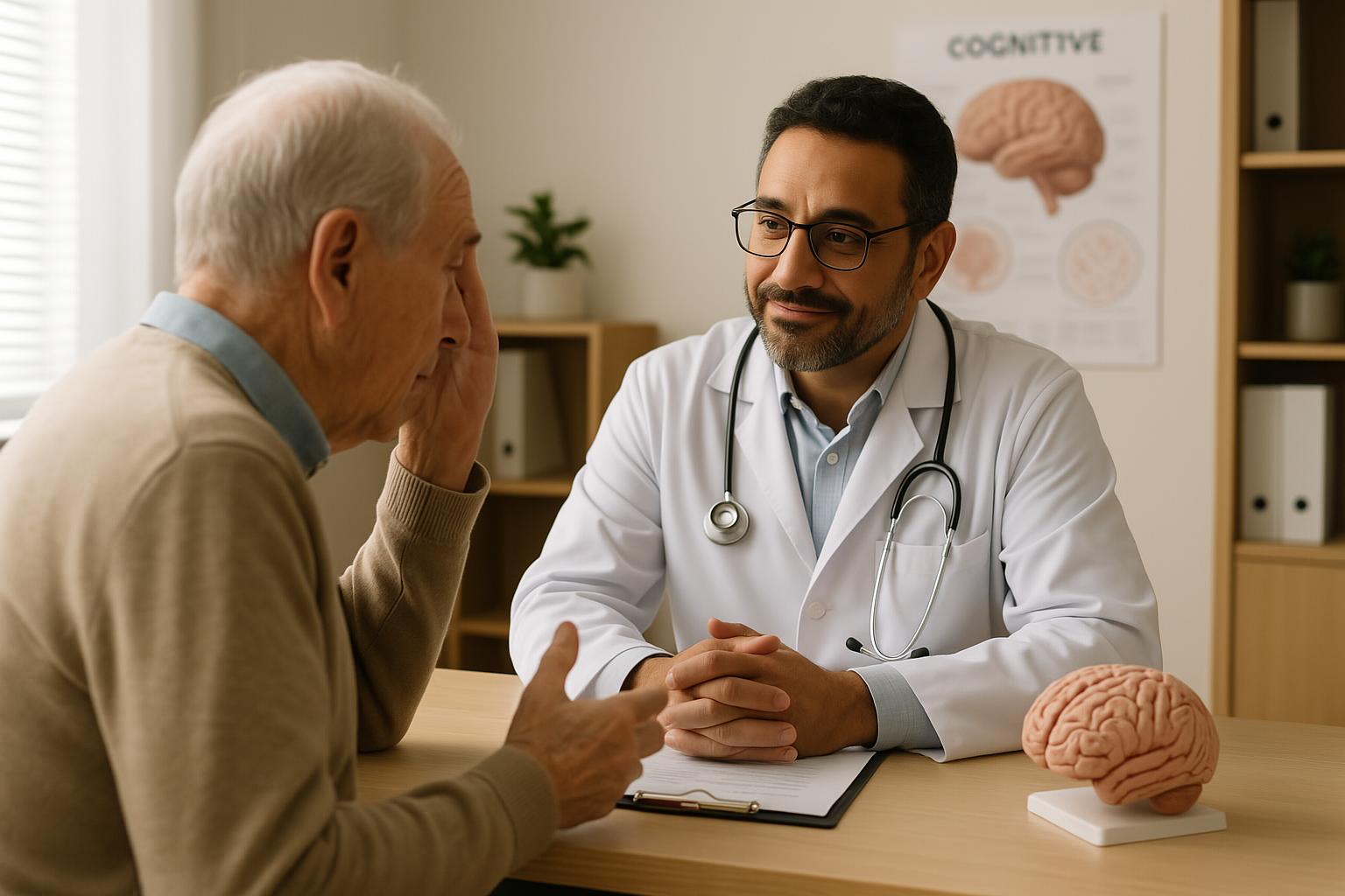 Médico geriatra atendendo idoso em consulta