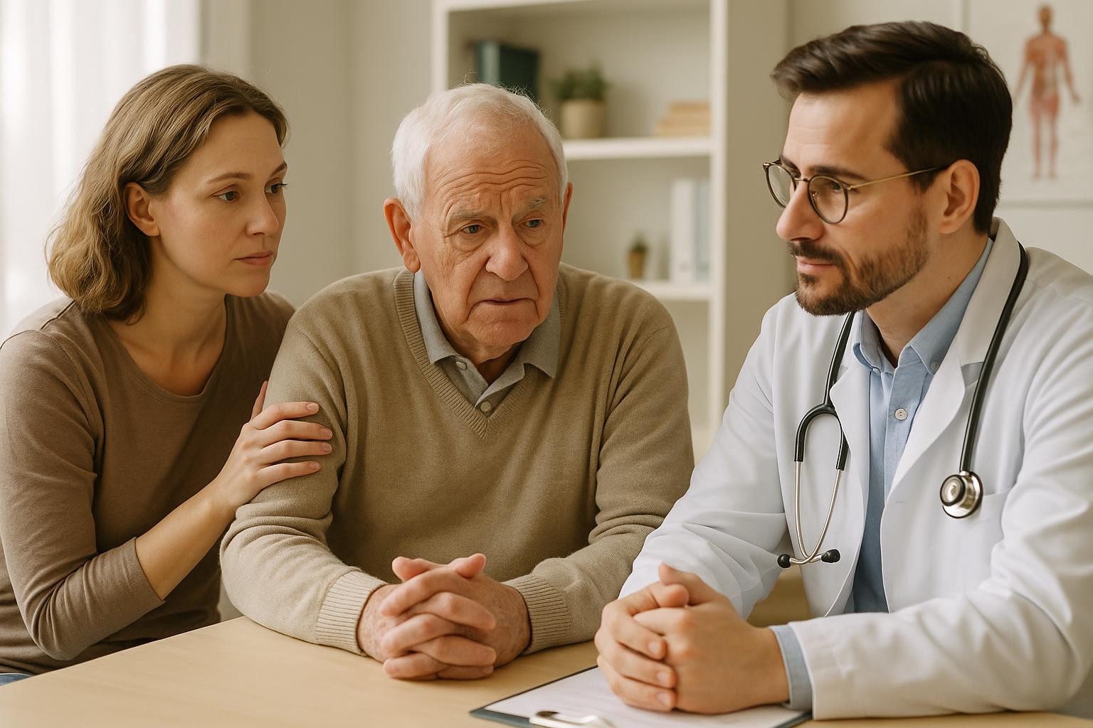 Médico geriatra atendendo paciente idoso com Alterações Comportamentais e familiar, com empatia