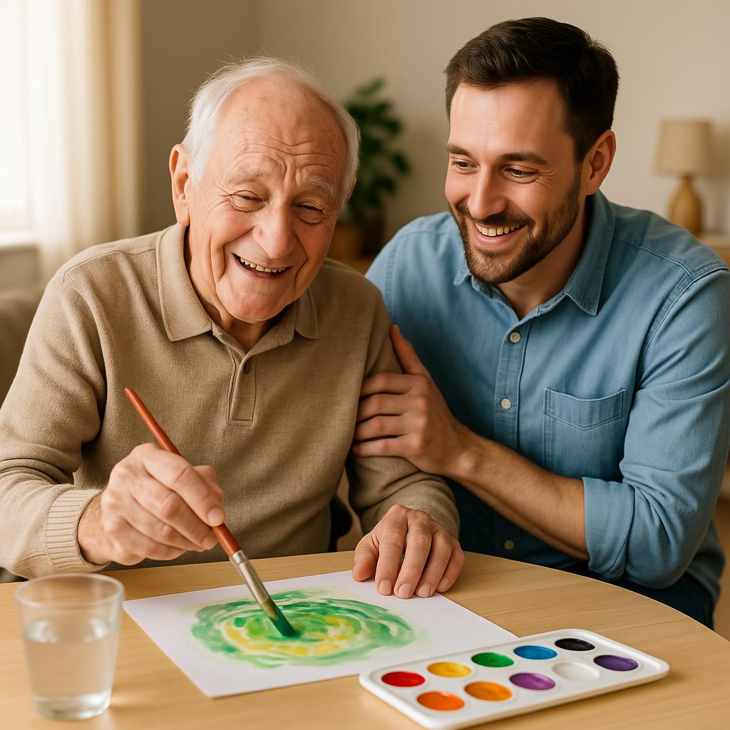 Idoso participando de atividade de interesse com apoio de cuidador