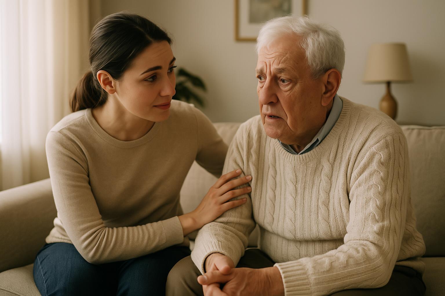 Cuidador demonstrando validação emocional com idoso