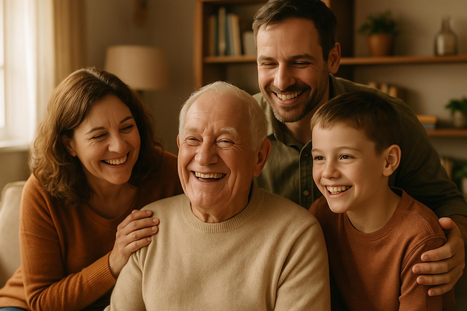 Família feliz com idoso após implementação de estratégias