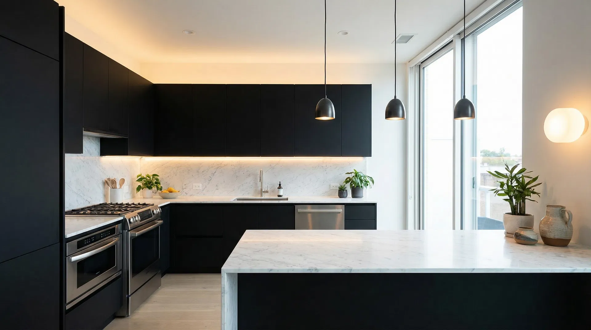 Cuisine noire et marbre installée