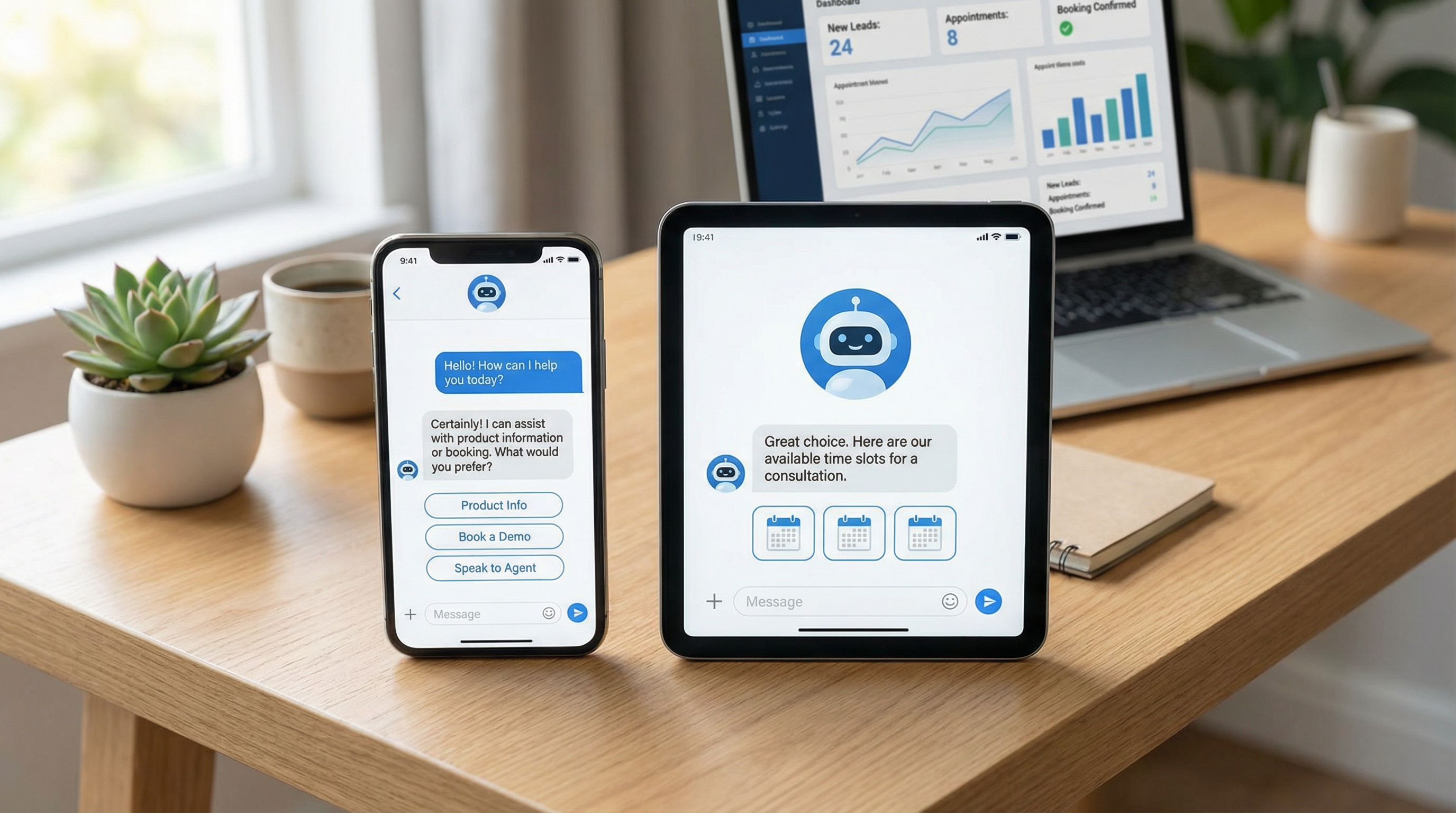 AI chatbot conversation on a smartphone and tablet. AI chatbot conversation on a smartphone and tablet.