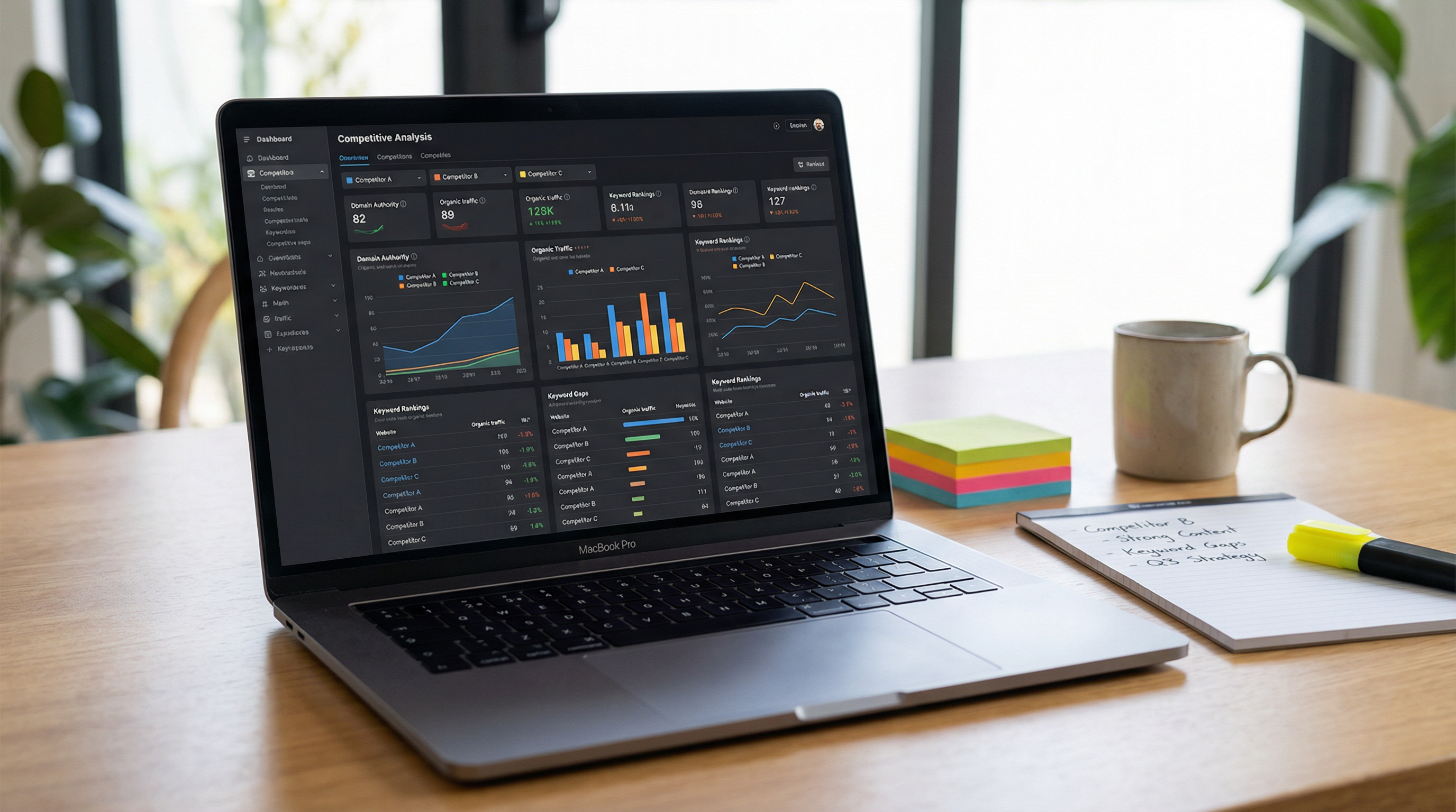Competitive analysis dashboard on a laptop screen. Competitive analysis dashboard on a laptop screen.