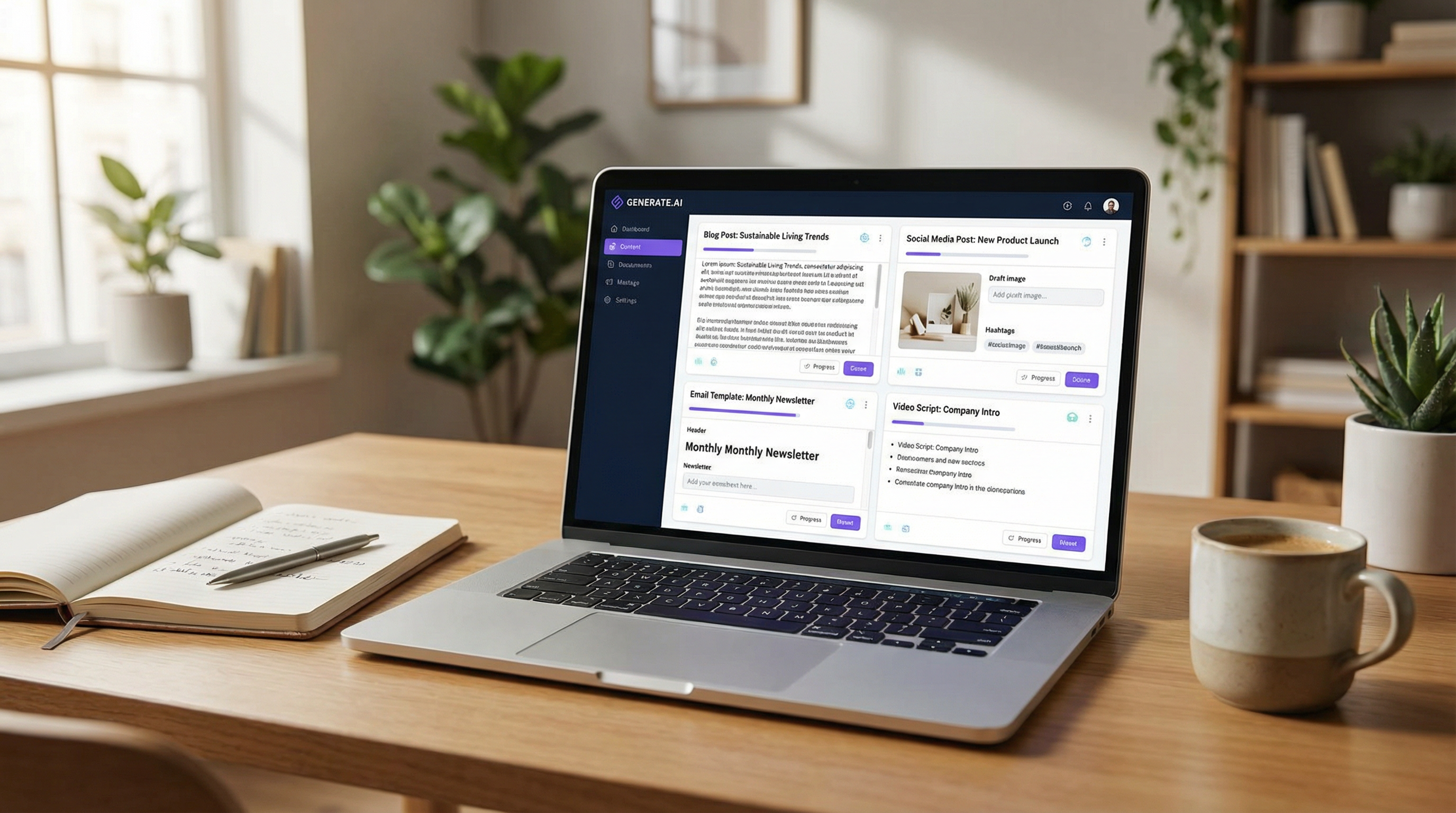 AI content creation dashboard on a laptop screen. AI content creation dashboard on a laptop screen.