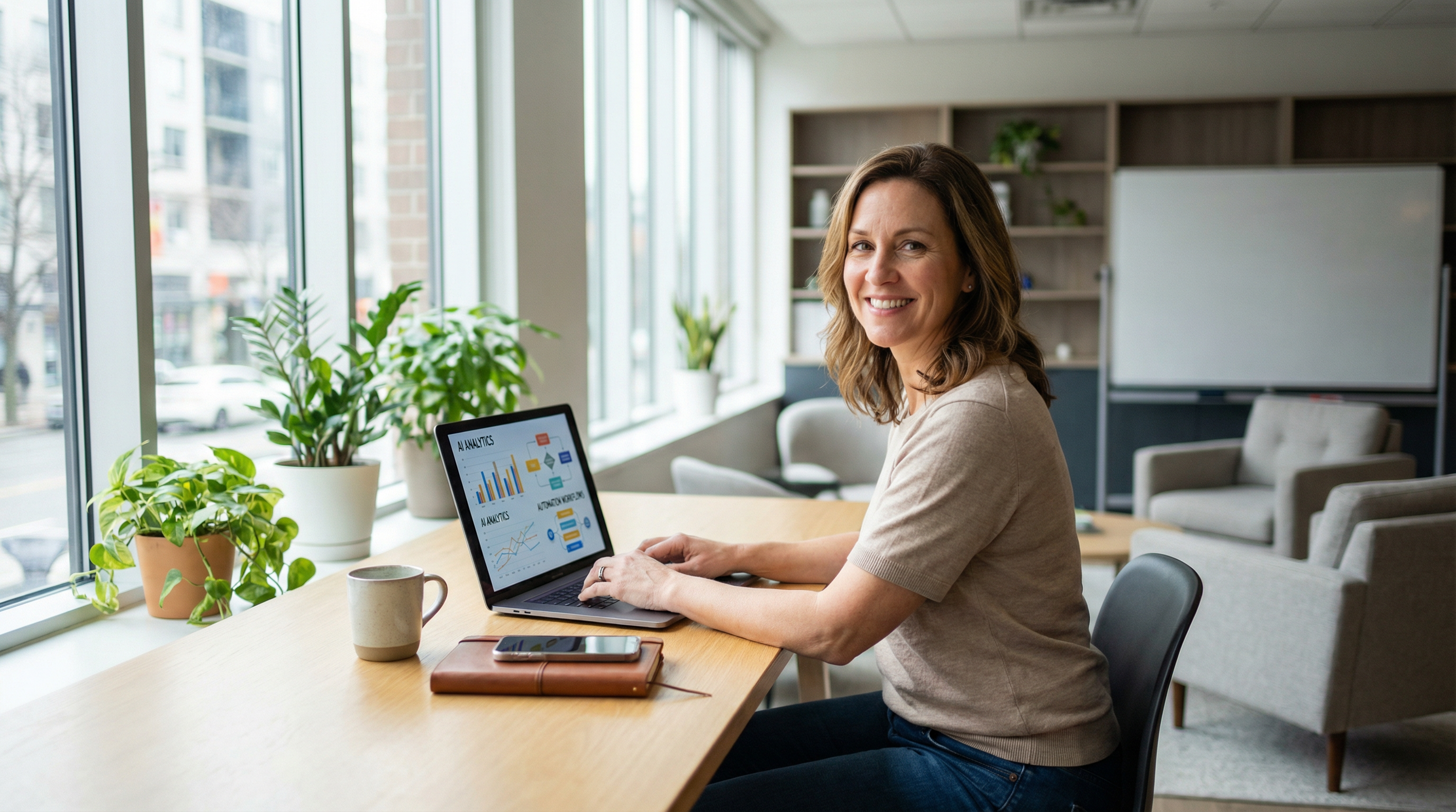 A confident small business owner using AI on her laptop. A confident small business owner using AI on her laptop.