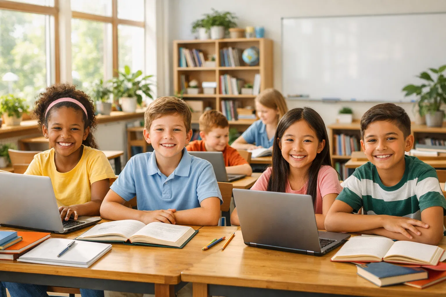 Sala de aula moderna com alunos felizes