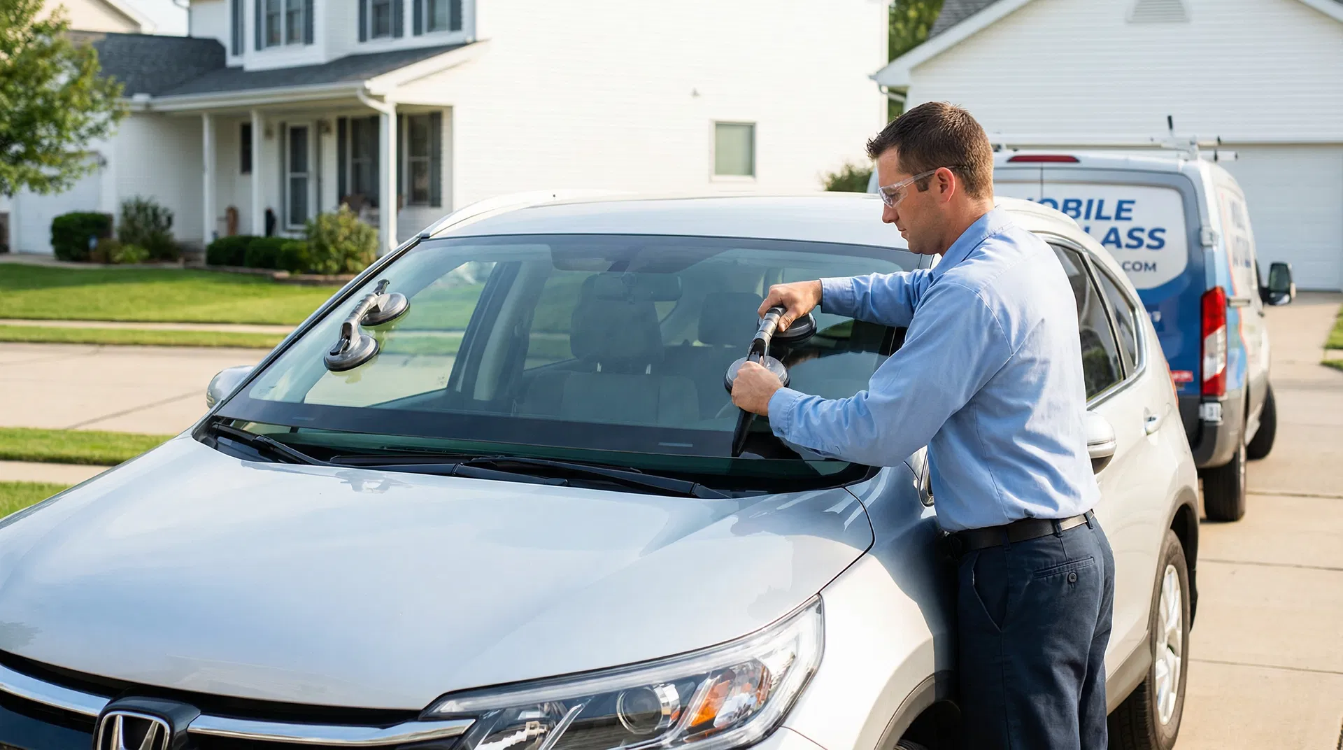 Professional technician installing windshield