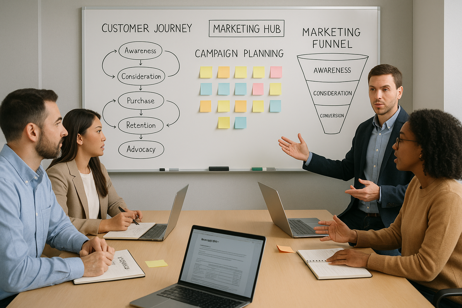 Marketing team strategy planning session with customer journey mapping