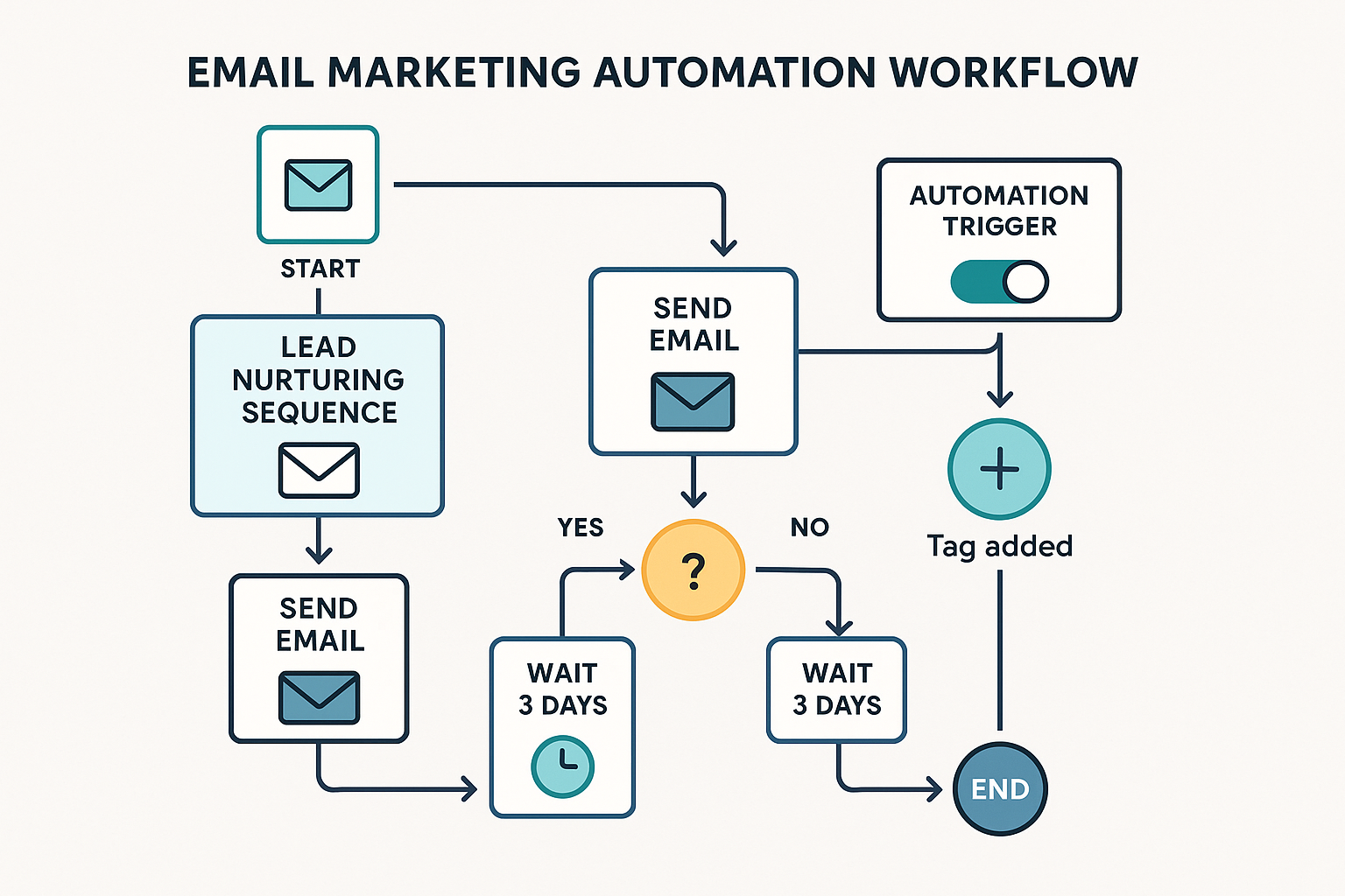 Email marketing automation workflow diagram with process flows