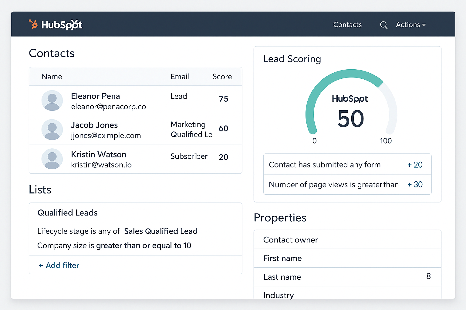 HubSpot lead management and scoring interface with contact profiles