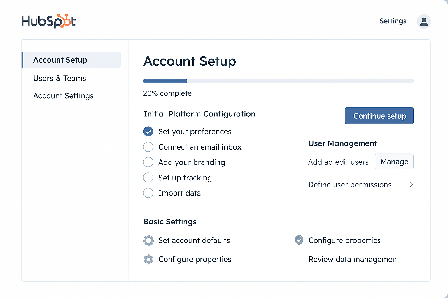 HubSpot account setup and configuration dashboard