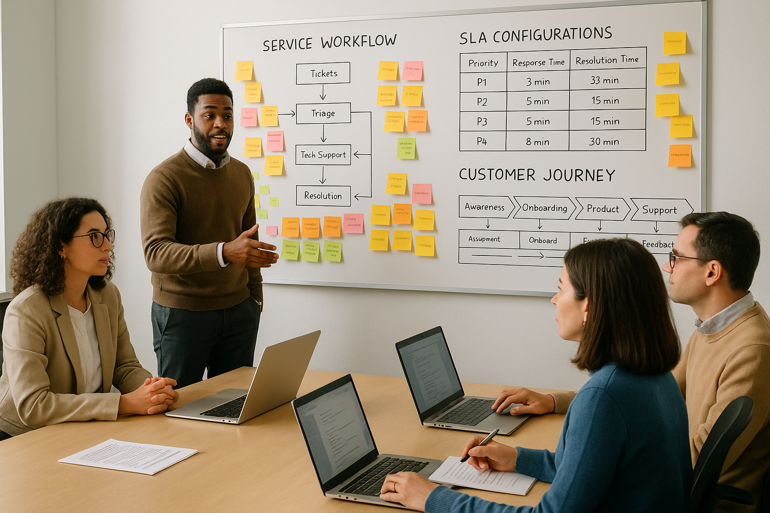 Customer service team planning session with workflow mapping
