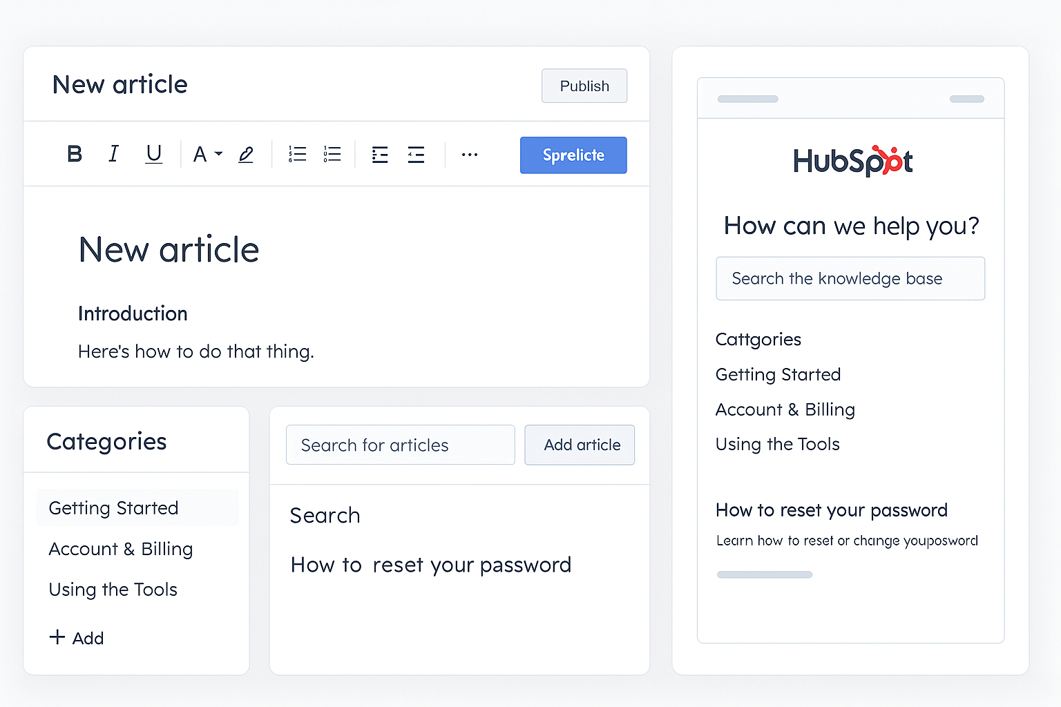 HubSpot knowledge base interface with article management tools