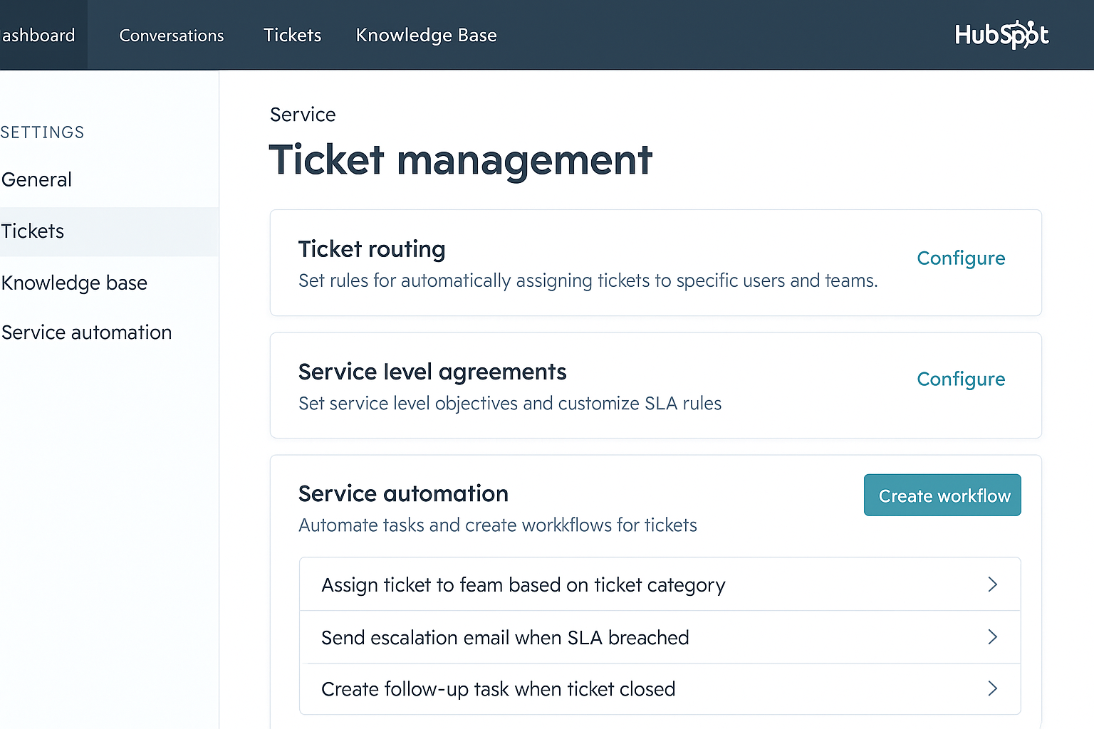 HubSpot Service Hub configuration dashboard interface
