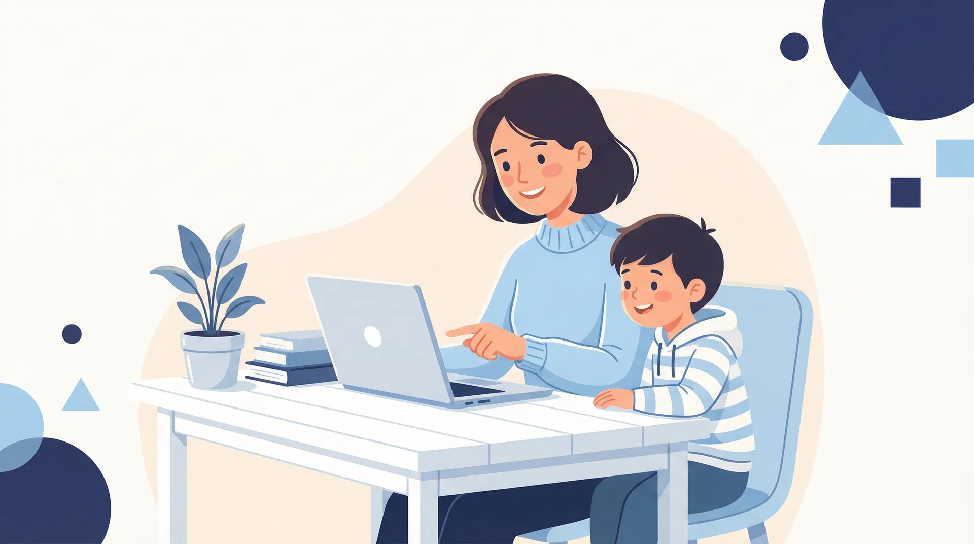 親子でパソコンを使って学んでいるイラスト