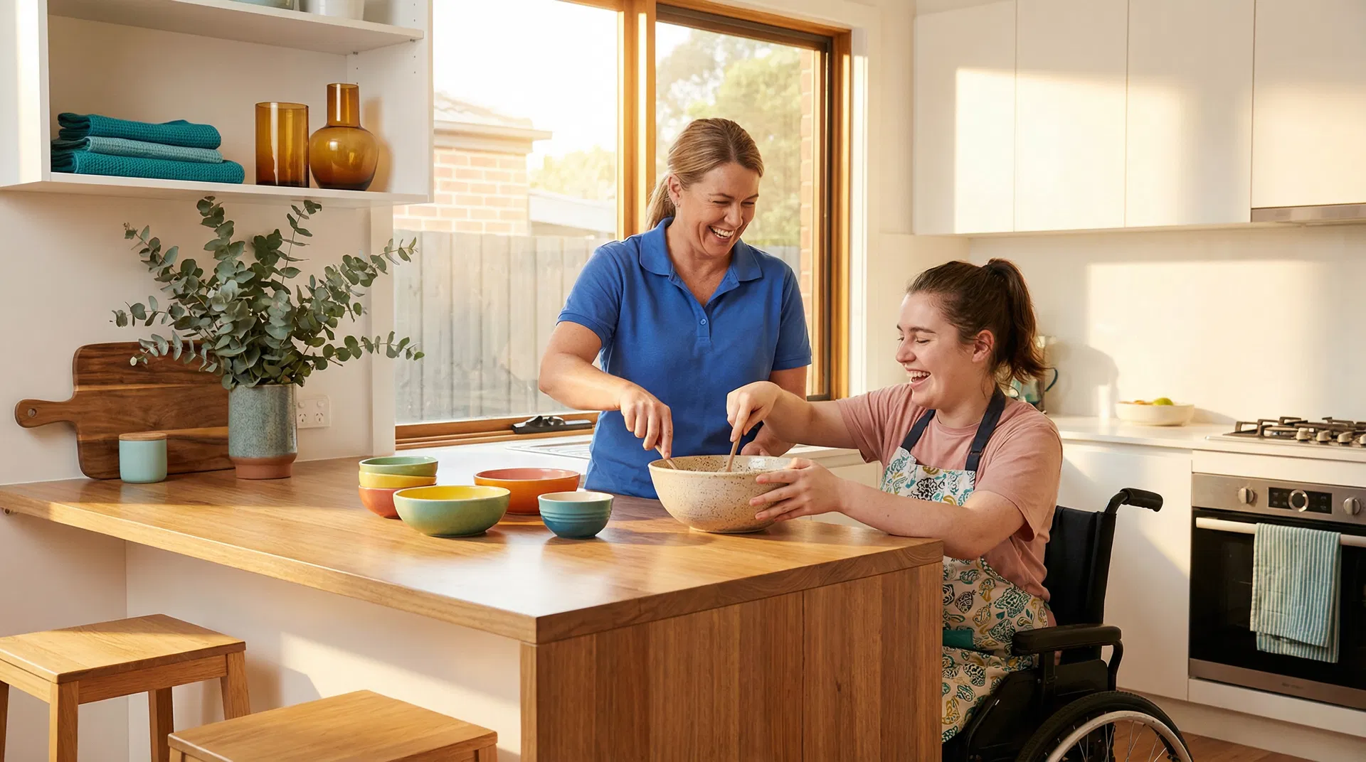 Support worker and participant in a warm, supportive environment