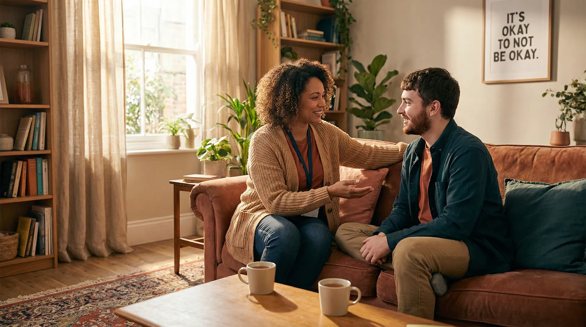 Compassionate support worker having a warm conversation with a participant in a comfortable home setting