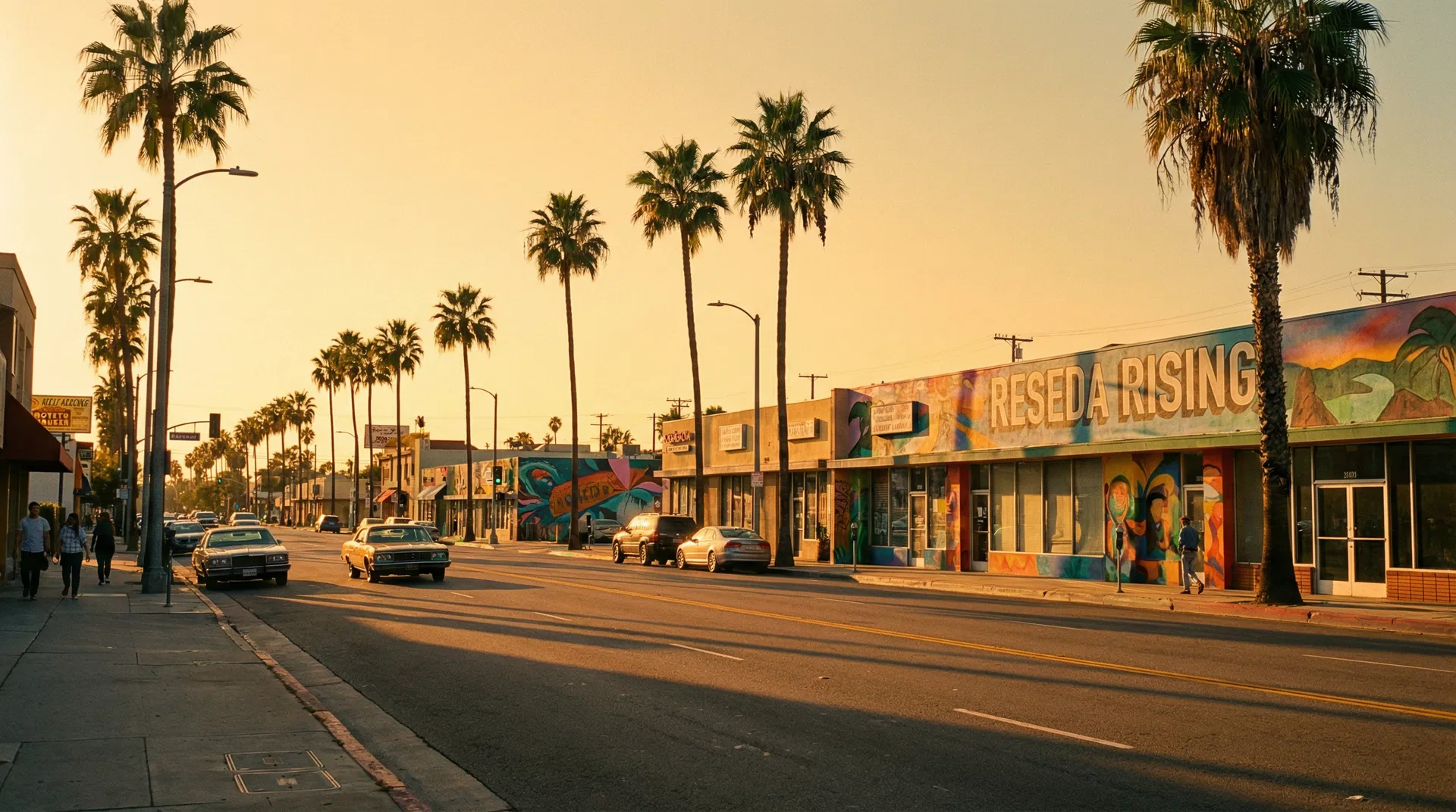 Reseda street with palm trees and murals